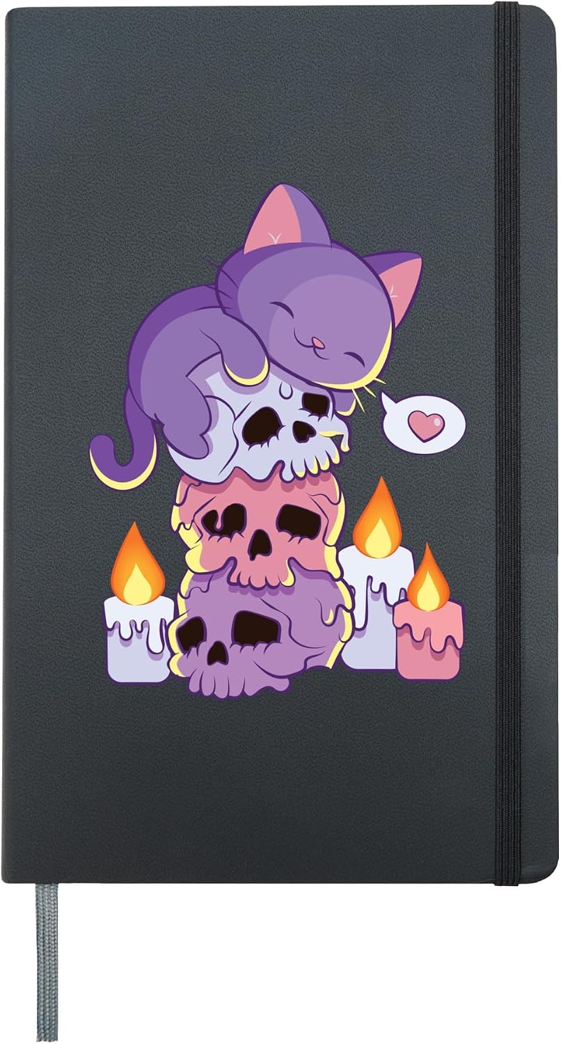 Purple Cat on Skulls Cute Aesthetic Anime Kawaii Pastel Goth Hardcover Journal, Black