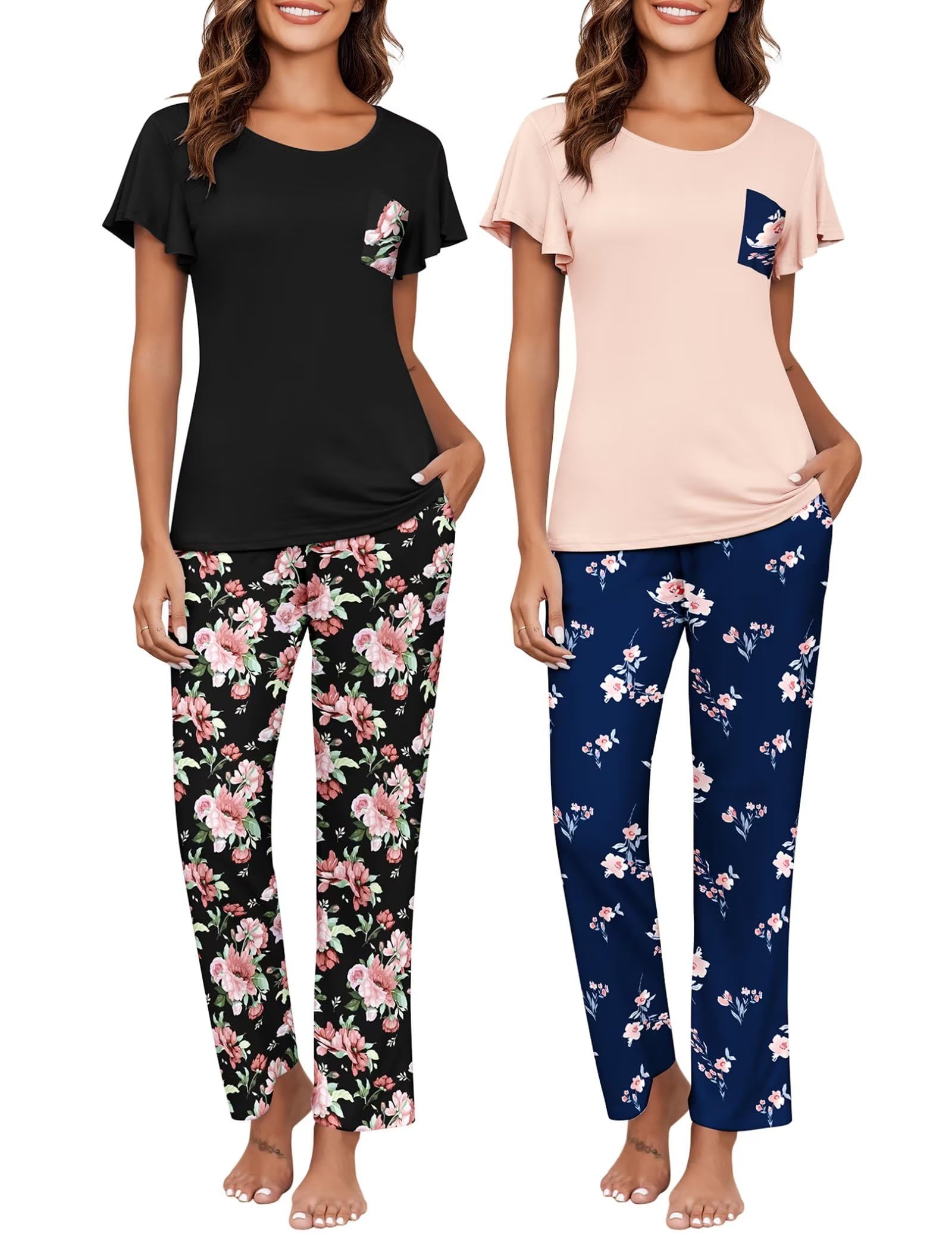 Ekouaer 2 Pack Womens Pajama Sets Short Sleeve with Long Pajama Pant Set Soft Sleepwear Printed Pj Lounge Set with Pockets