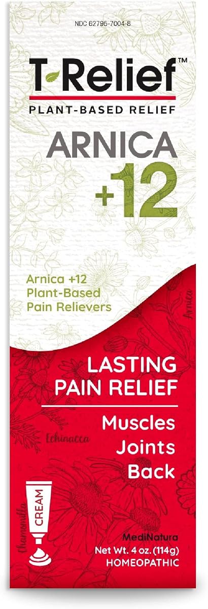 Crema MediNatura T-Relief Arnica +12, alivio del malestar, 4 oz, 2 unidades | Alivio duradero para músculos, articulaciones y espalda, alivia las molestias, el dolor, los dolores musculares y la rigidez de la espalda, para mujeres y hombres