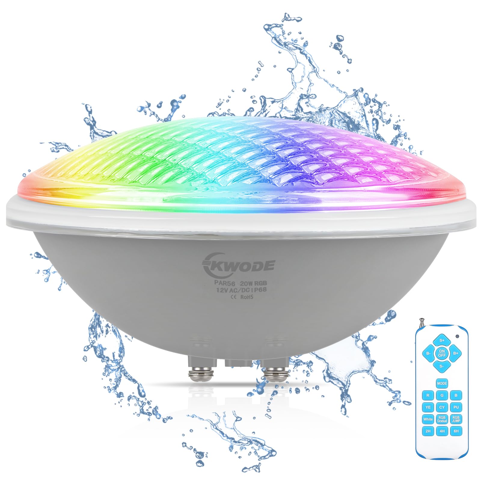 Luz de piscina LED par56, Luces de piscina RGB 20W, IP68 con control remoto, cronometrada 2/4/6H, foco submarino [12v AC/DC]