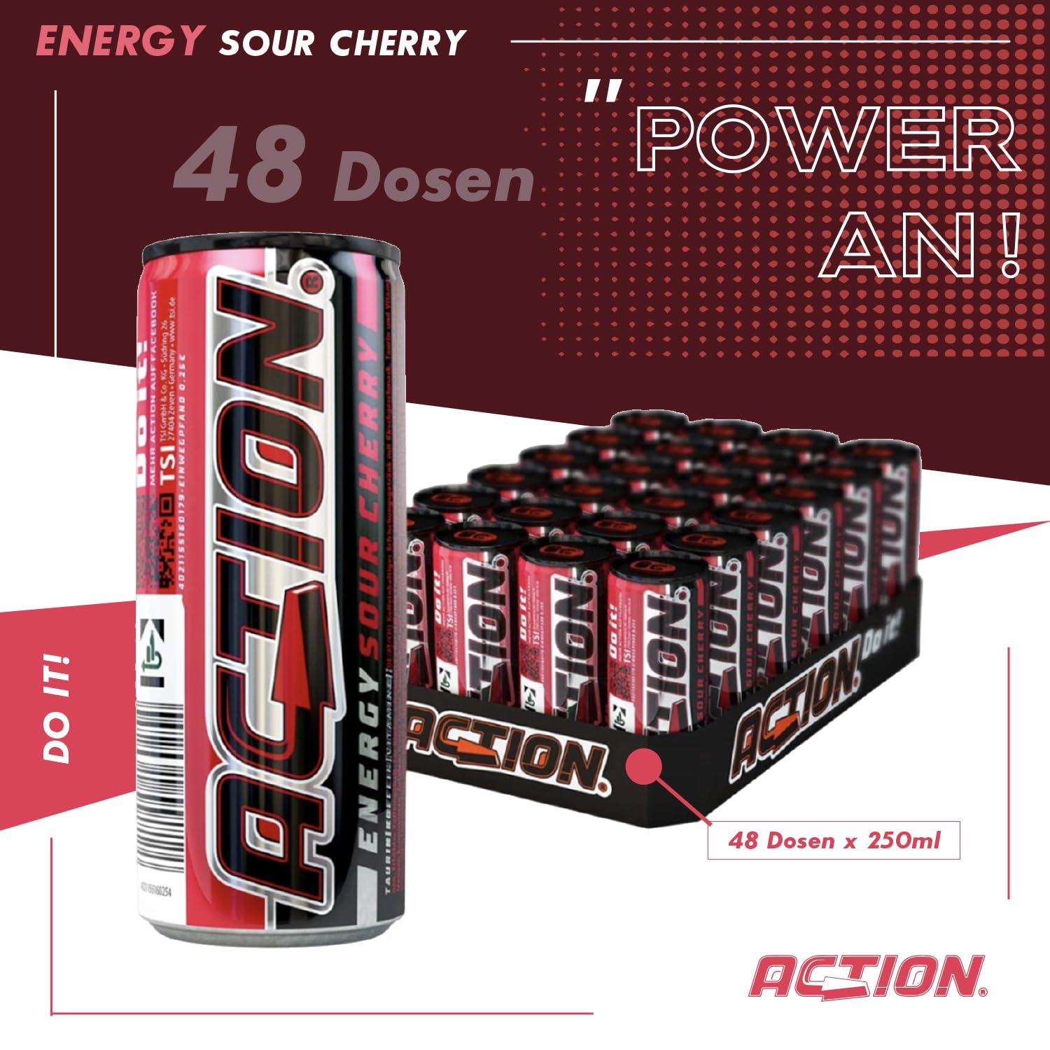 ACT!ON Action Energy Drink Sour Cherry (48 x 250 ml) incluye depósito – Refresco con sabor a cereza agria – patata energética con mayor contenido de cafeína 32 mg/100 ml cafeína rendimiento mejorado
