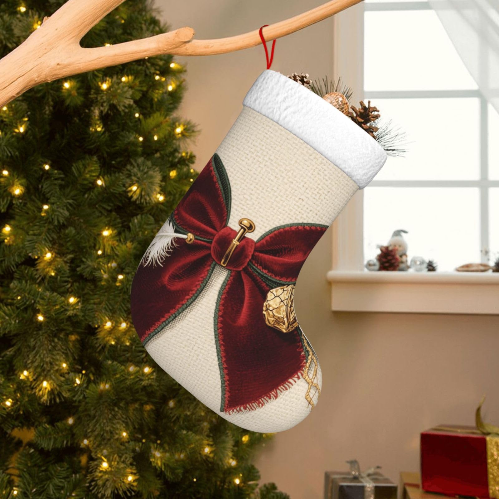 Velvet Christmas Stockings 17.7 Inch, Christmas Bow Xmas Stocking with Soft Cuff,Classic Personalized Christmas Tree Decoration for Family Holiday New Year Party Supplies