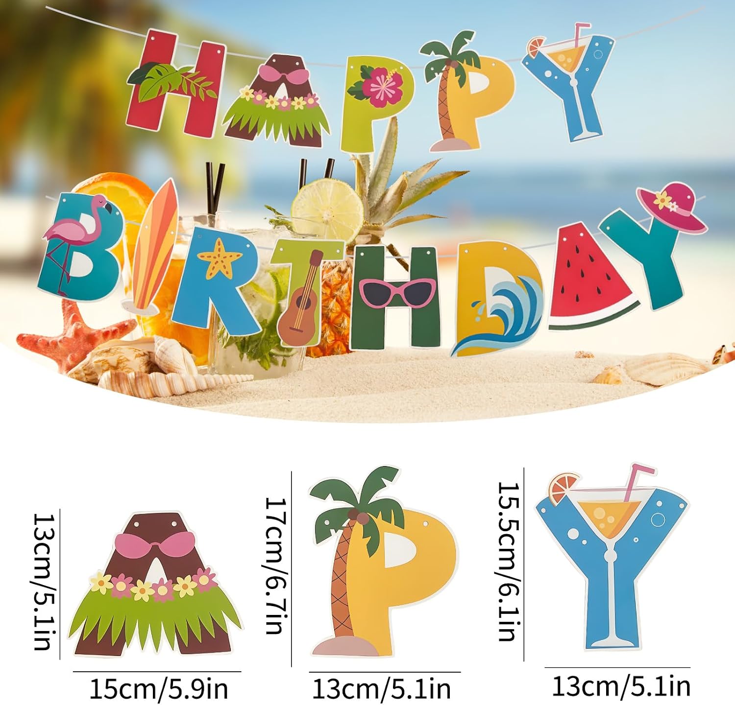 Hawaiian Happy Birthday Luau Banner Tropical Party Decorations with Flamingo Palm Tree Pineapple Surfboard Watermelon Tropical Patterns Summer Bunting for Hawaiian Themed Birthdays Summer Pool Parties Beach Gatherings Photography Props