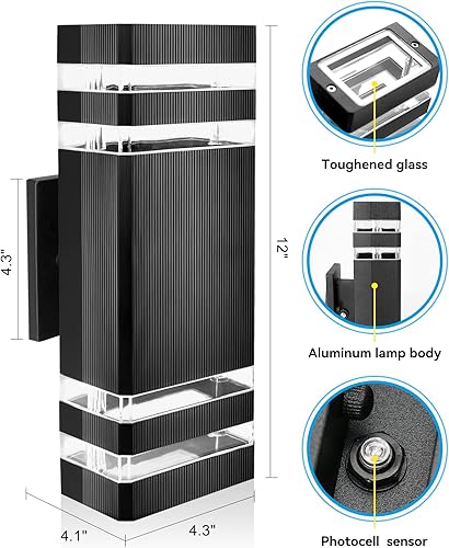 Miniatura 2 de Lámpara de pared con sensor de anochecer a amanecer, luces LED cuadradas hacia arriba y hacia abajo, moderno aplique de iluminación exterior para