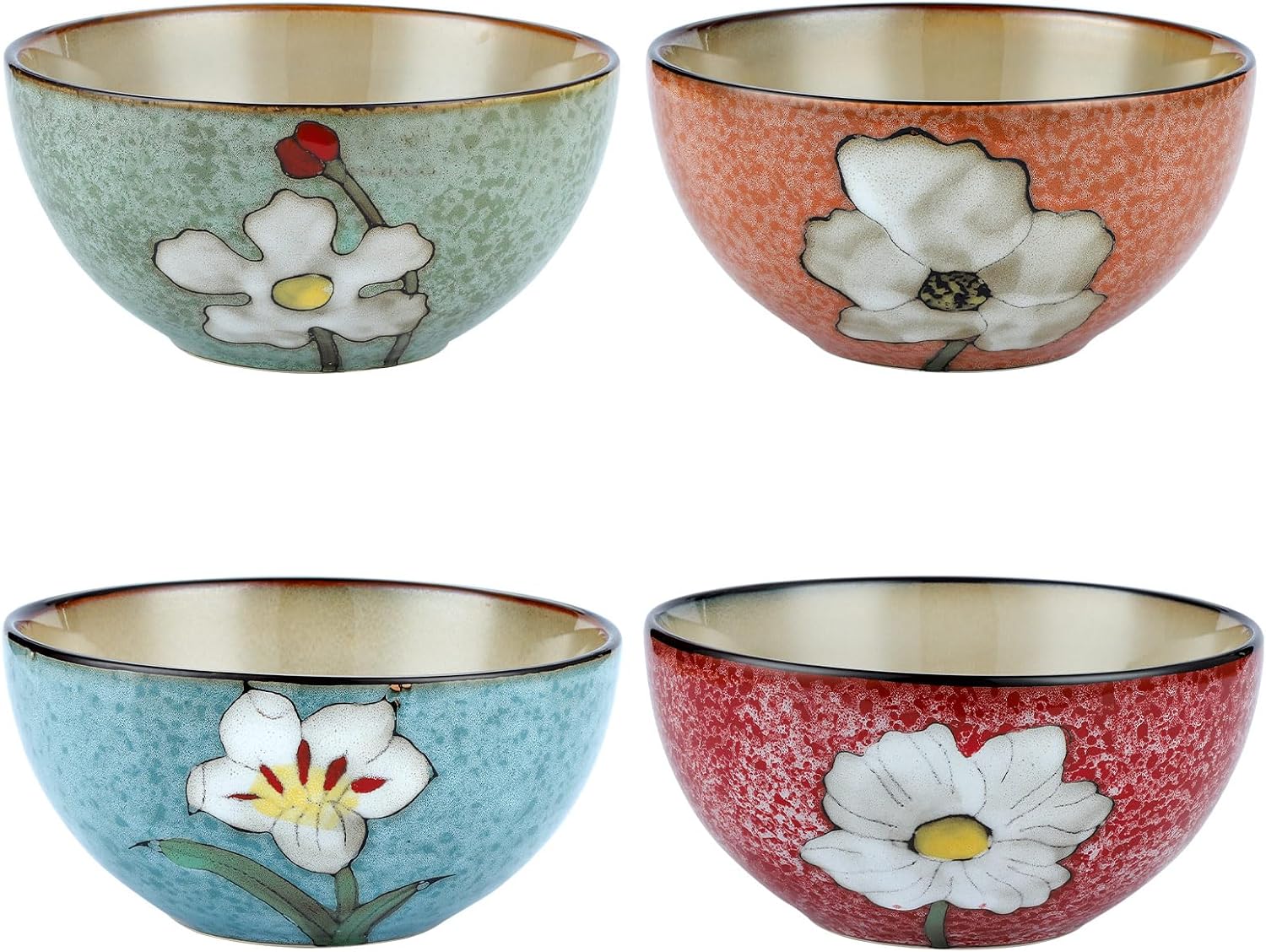 VanEnjoy Set of 4 Ceramic Bowls for Kitchen 6 Inch Floral Cereal Bowls Decorative Ceramic Bowl Set for Salad Soup Stew Pasta Dishwasher Microwave and Oven Safe Bowls