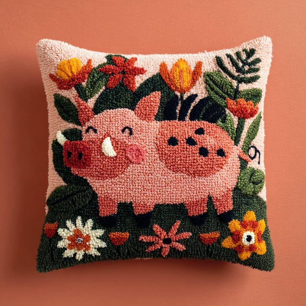 AxiangziK Handmade Latch Hook Cushion Kit 17x17 Inch,Wild Boar and Flowers