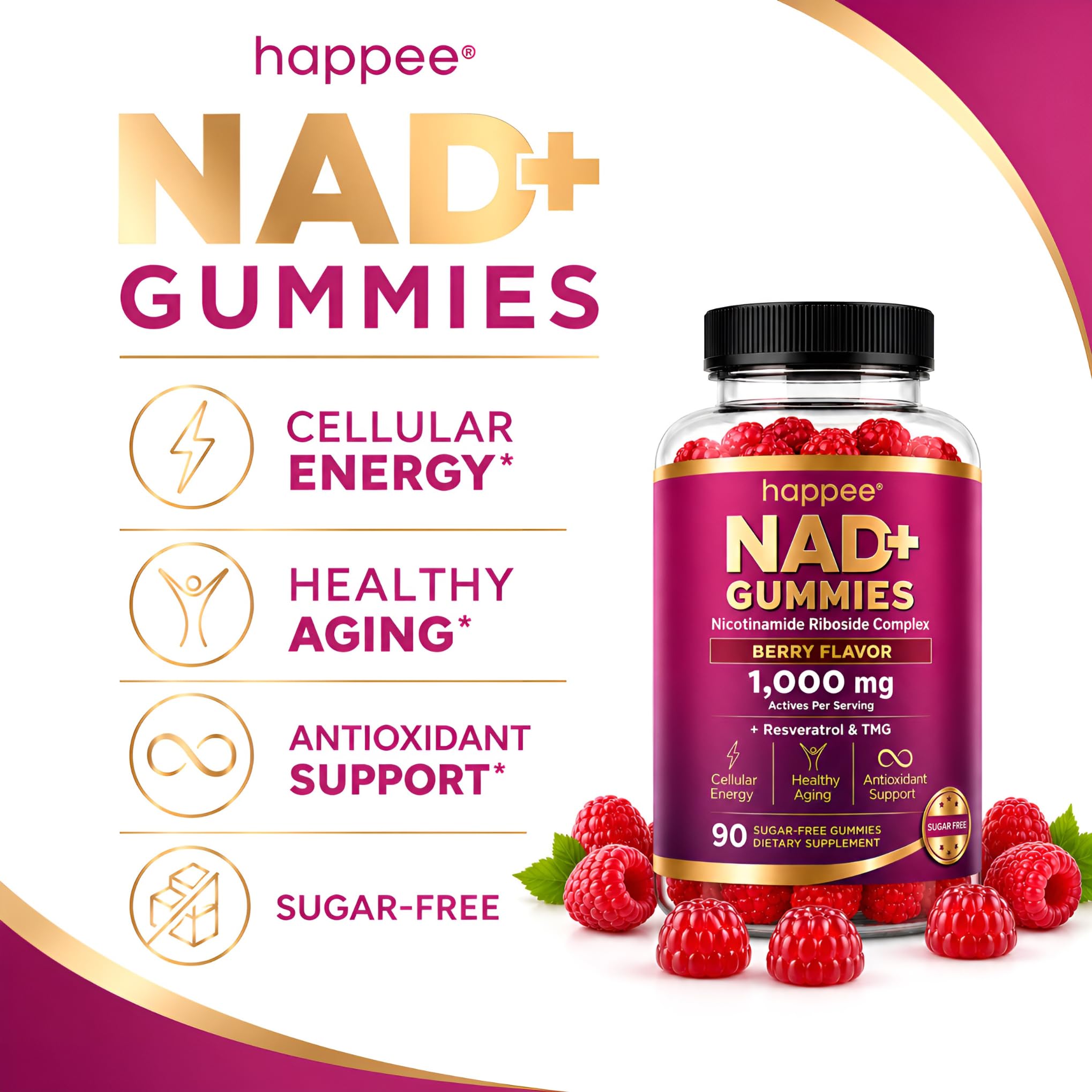 Happee NAD+ Gummies Supplement for Women & Men, Sugar-Free 1,000mg 90 Ct — Amazon image 2