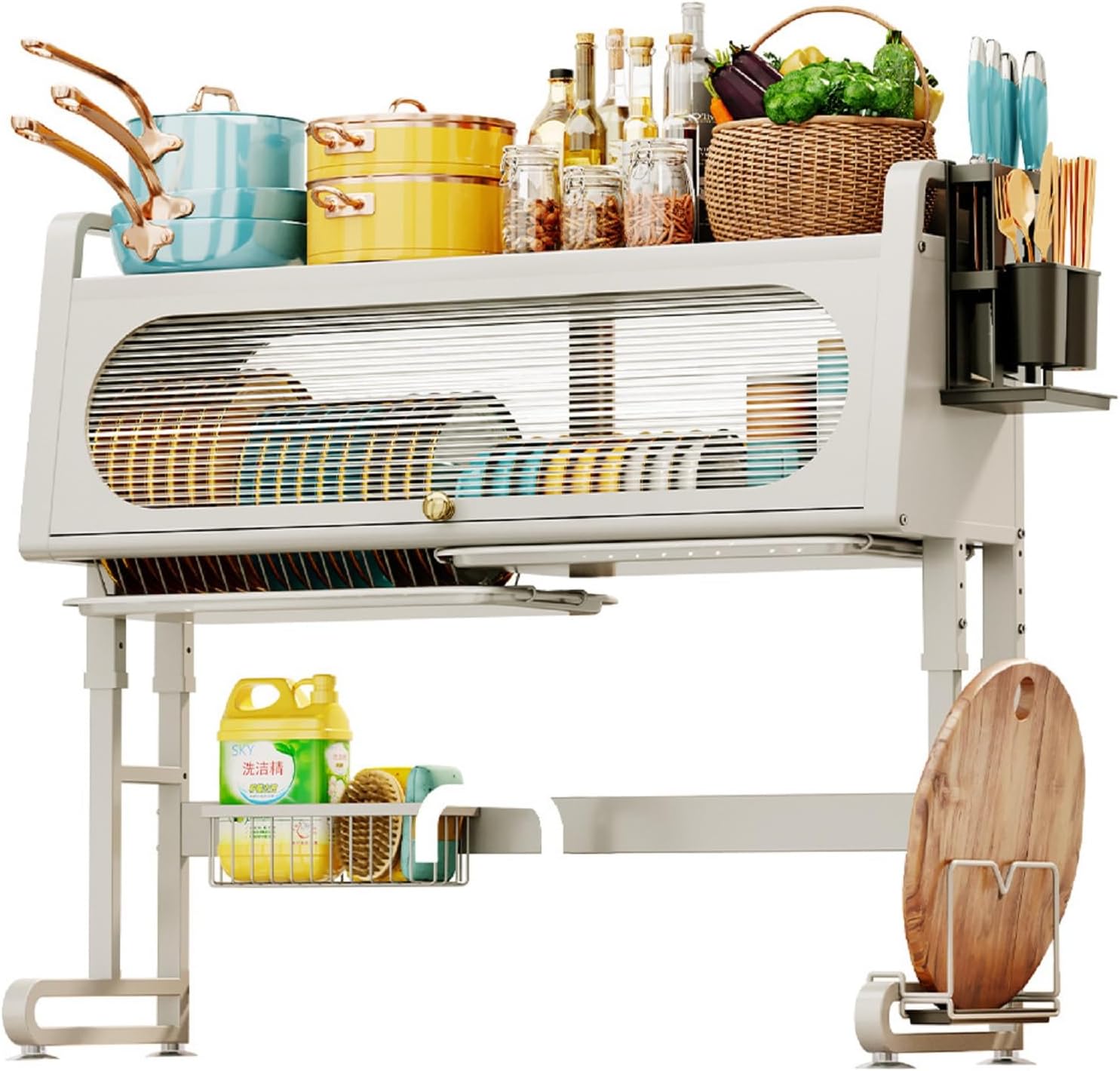 Adjustable Over The Sink Dish Drying Rack, 2 Tier Large Carbon Steel Dish Drying Rack with Cover Space Saver Dish Drainer Kitchen Organizer for Kitchen Storage Countertop Organization (White)