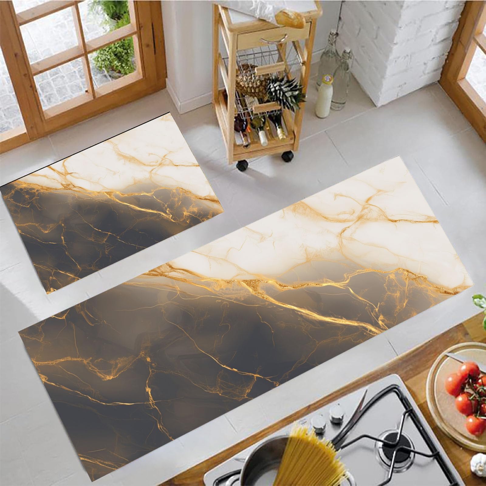 Contrasting Marble Kitchen Floor Mats, 2 Pcs Stain-Resistant Set, Absorbent Quick Drying, Non-Slip Kitchen Carpets Rugs, Simple Waves Runners Mat (Black And White, 43X75Cm+43X150Cm)