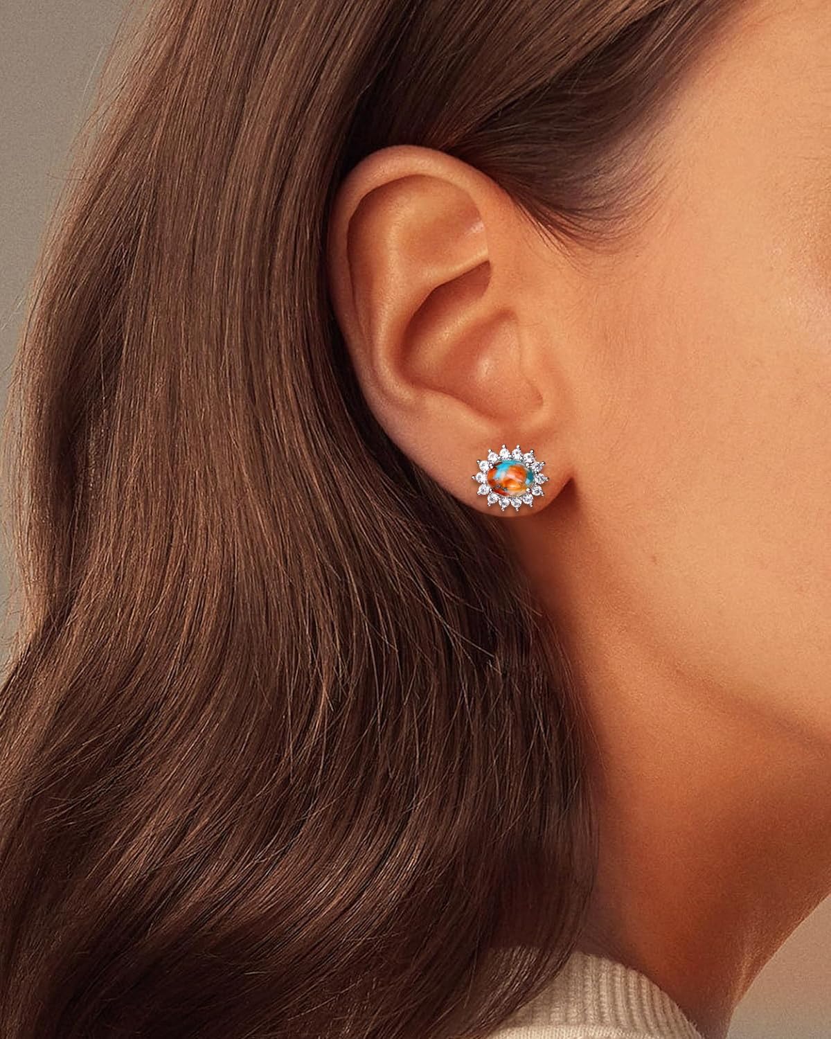 AIBAO Genuine Turquoise/Malachite Stud Earrings for Women Sterling Silver Princess Diana Class Oval Gemstone Halo Earrings Western Jewelry Anniversary Christmas Gift - Image 3