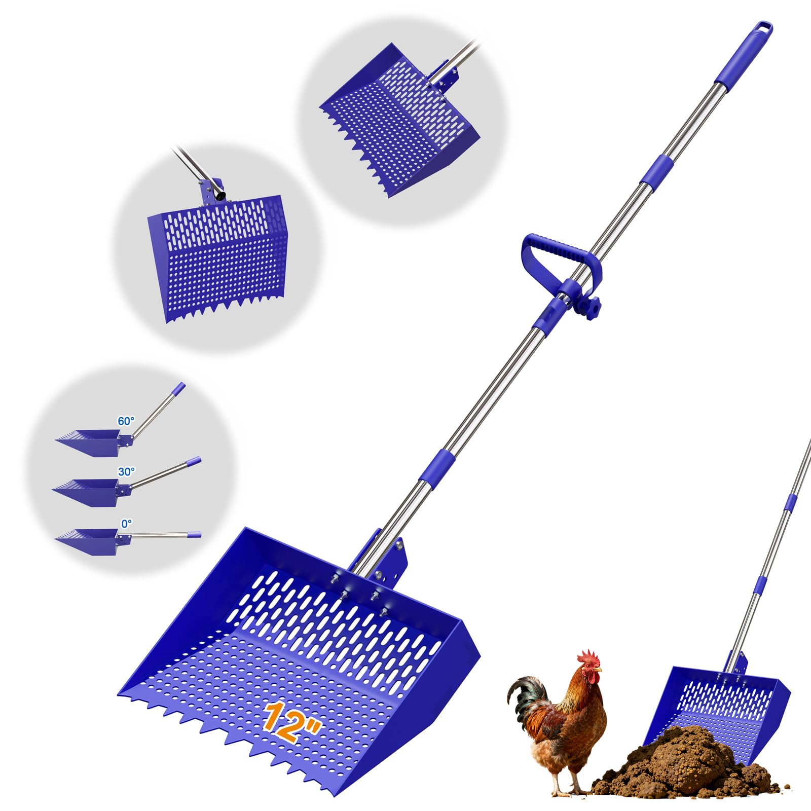 Photo 1 of 12-Inch 2-in-1 Chicken Poop Scooper & Rake, Chicken Coop Scoop with Adjustable Stainless Steel Handle ?24–64"?, 3 Angles & 2 Sifting Holes, Litter Scoop Sand Sifting Shovel Pooper Scooper (Blue)
