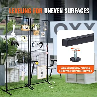 VEVOR 2 x 5.6 في لوحات حائط شبكية، حزمتان من رفوف عرض حائط شبكي سلكية برج بقاعدة على شكل حرف T، وألواح حائط شبكي مزدوجة الجوانب قائمة على الأرض، وشاشة عرض للبيع بالتجزئة مع مشابك وخطافات إضافية لعروض الحرف الفنية
