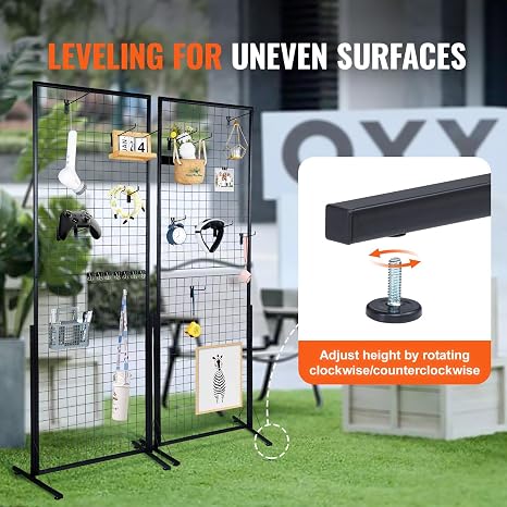 VEVOR 2 x 5.6 في لوحات حائط شبكية، حزمتان من رفوف عرض حائط شبكي سلكية برج بقاعدة على شكل حرف T، وألواح حائط شبكي مزدوجة الجوانب قائمة على الأرض، وشاشة عرض للبيع بالتجزئة مع مشابك وخطافات إضافية لعروض الحرف الفنية