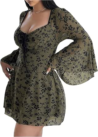 Floerns Women's Plus Size Floral Gothic Dress Flare Long Sleeve Mesh A-Line Dress