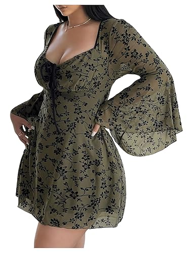 Floerns Women's Plus Size Floral Gothic Dress Flare Long Sleeve Mesh Grunge A Line Dress - XX-Large Plus - Army Green