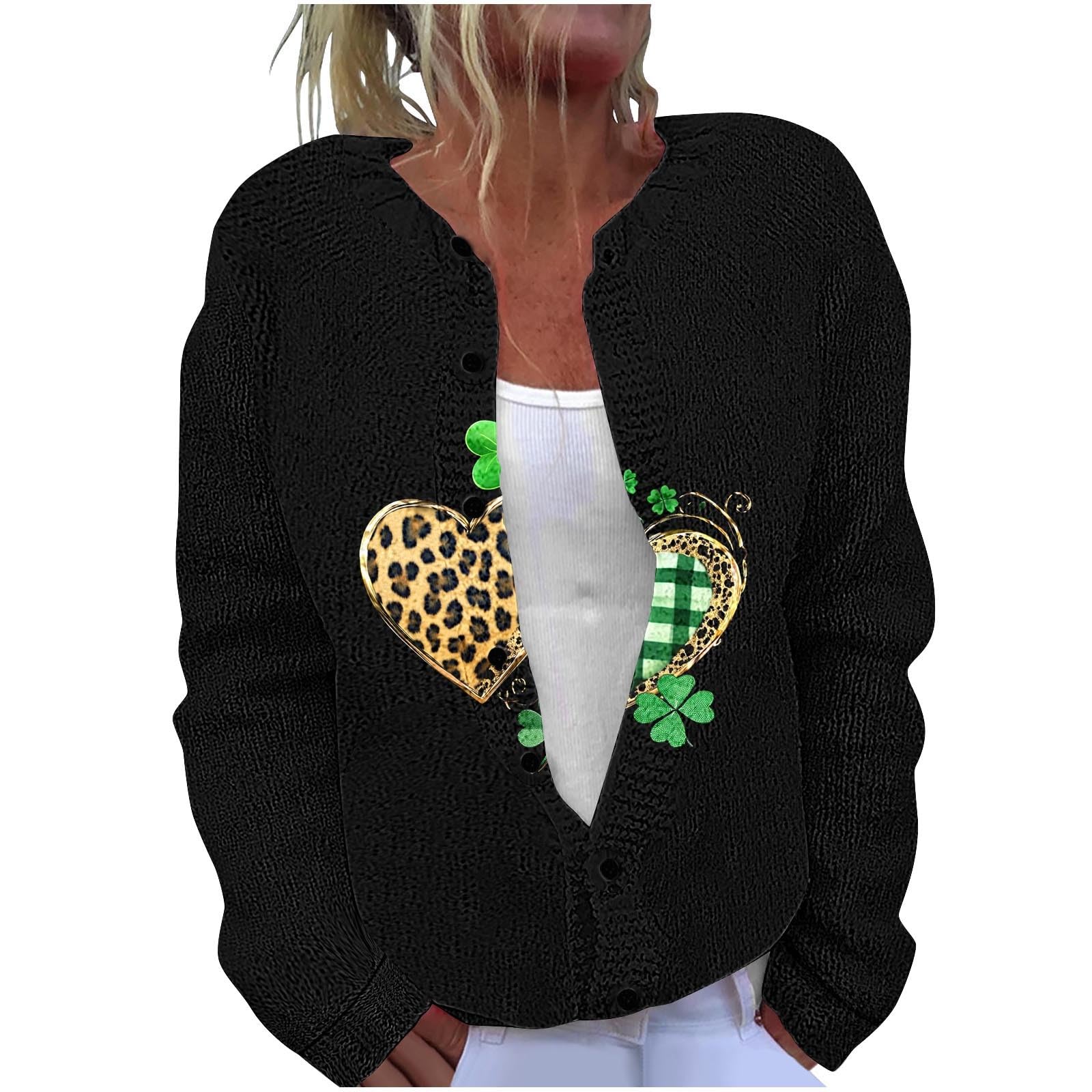 St Patricks Day Cardigan Sweaters Women Lightweight Knit Cardigans Jackets Button Down Lucky Shamrock Clover Blouse