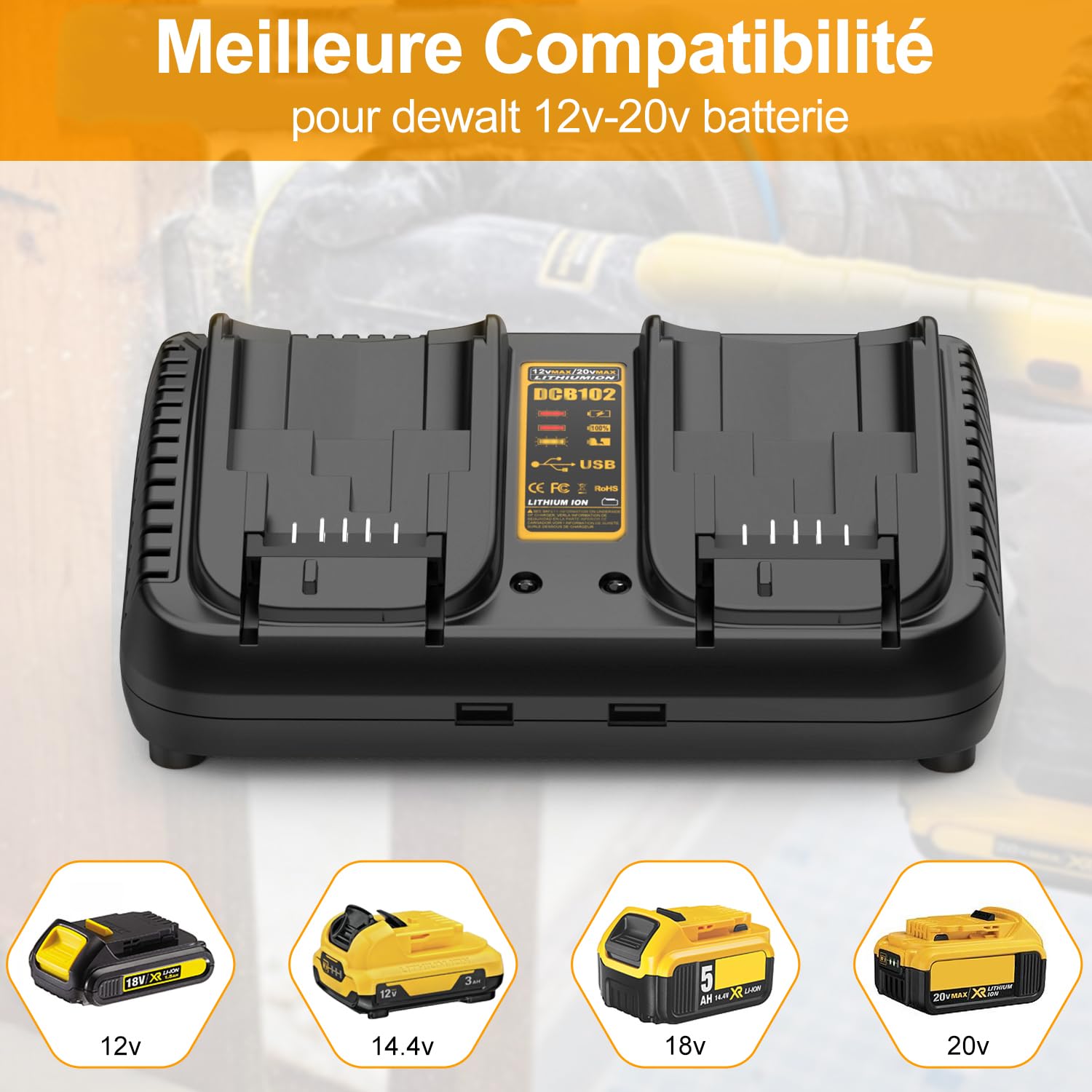 Energup 2 Pièces 18V 5.0Ah Batterie avec Chargeur pour Dewalt Batterie 18V | Compatible avec DCB184 DCB183 DCB182 DCB180 DCB181 DCB205 et Chargeur DCB112 DCB115