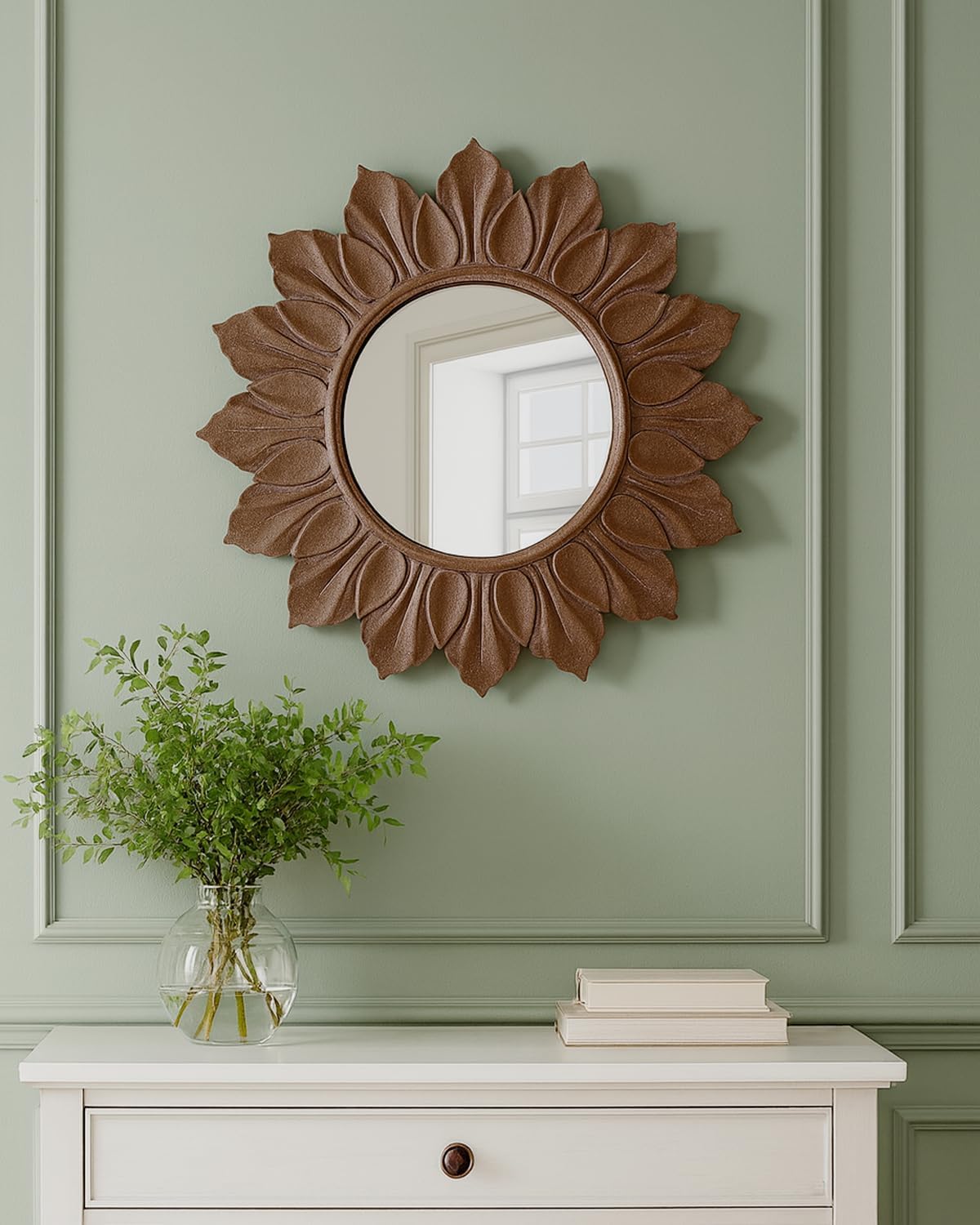 Sunflower Sunburst Wall Mirror, 22" Distressed Brown Wooden Frame, Handcrafted Petal Floral Design, Vintage Farmhouse Style Mirror for Wall Decor for Living Room, Bedroom, Bathroom, Vanity