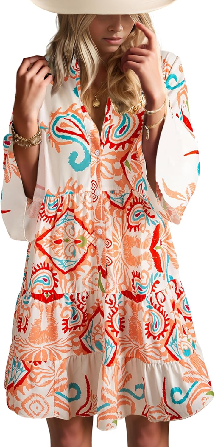 Summer Dresses for Women 2026 Flowy Ruffle 3/4 Sleeve V Neck Tiered Casual Babydoll...