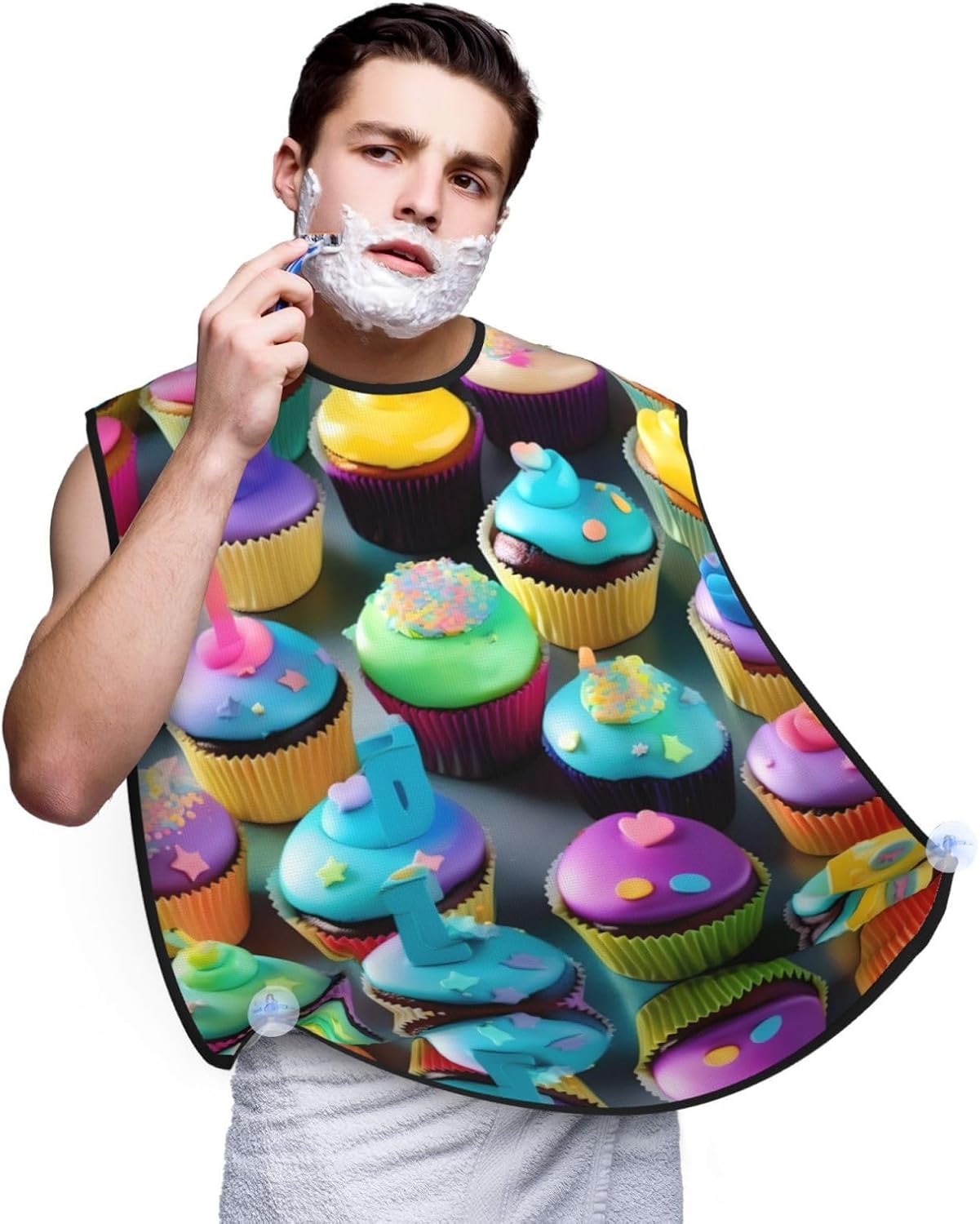 Colorful Happy Birthday Cupcakes Print Beard Bib Apron, Shaving Apron For Dad, Men'S Hair Catcher For Shaving Best Gifts For Dad