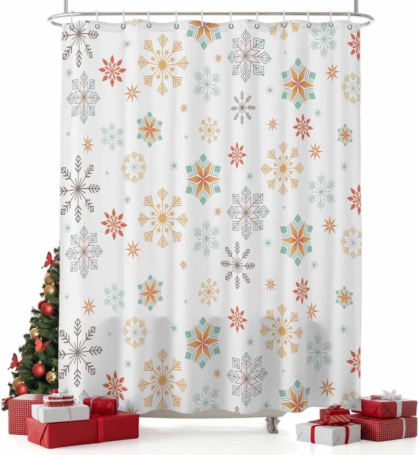 Christmas Snowflake Shower Curtain Set - Extra Long Waterproof Shower Curtain 72 x 78 Inch, Xmas Yellow Teal Snow Winter Holiday Polyester Fabric Bathroom Curtains with 12 Hooks, Bathroom Accessories
