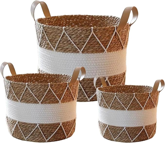 3pcs Cesta para Plantas, Macetero Mimbre, Macetas Decorativas Interior y Exterior, Cesto de jardín Seagrass con Asas, Cesta de Almacenamiento, Diámetro18cm,22cm,25cm