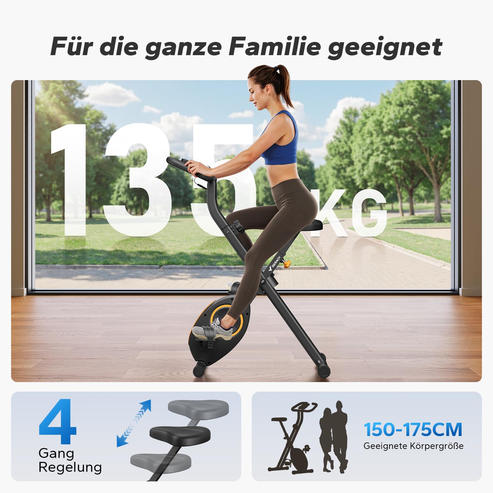 MERACH Rower domowy składany, LCD, Ergonomiczne siedzenie, Żółty | Ergometr domowy, Oszczędność miejsca, Komfortowy trening, Stabilna konstrukcja, Łatwe przechowywanie