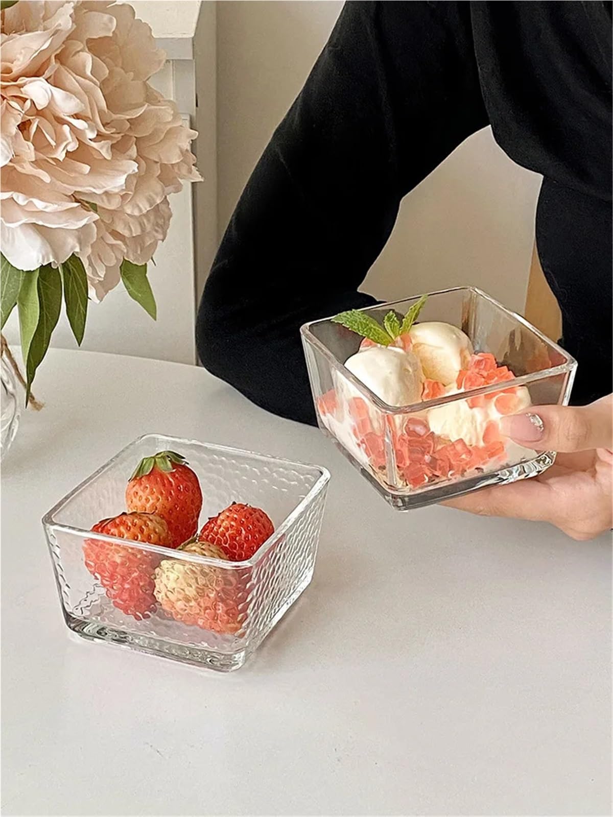 Ensaladeras Tazón de Vidrio Cuadrado Simple de 250ML, tazón de Helado for el hogar, Fruta, Postre, pudín, Yogur, Desayuno, ensaladera pequeña, 3 uds. para Cereales, Ensalada(Clear2)