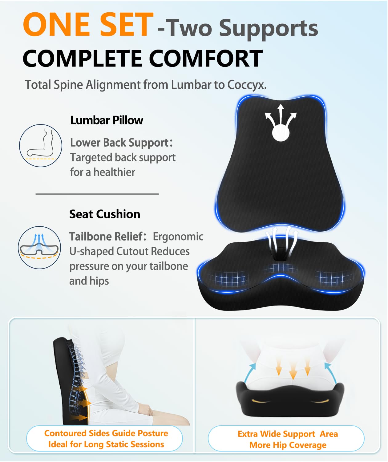 Juego de cojín de asiento y almohada de apoyo lumbar para silla de oficina, almohada ergonómica para aliviar el dolor de ciática, almohada de apoyo de espalda de espuma viscoelástica y cojín