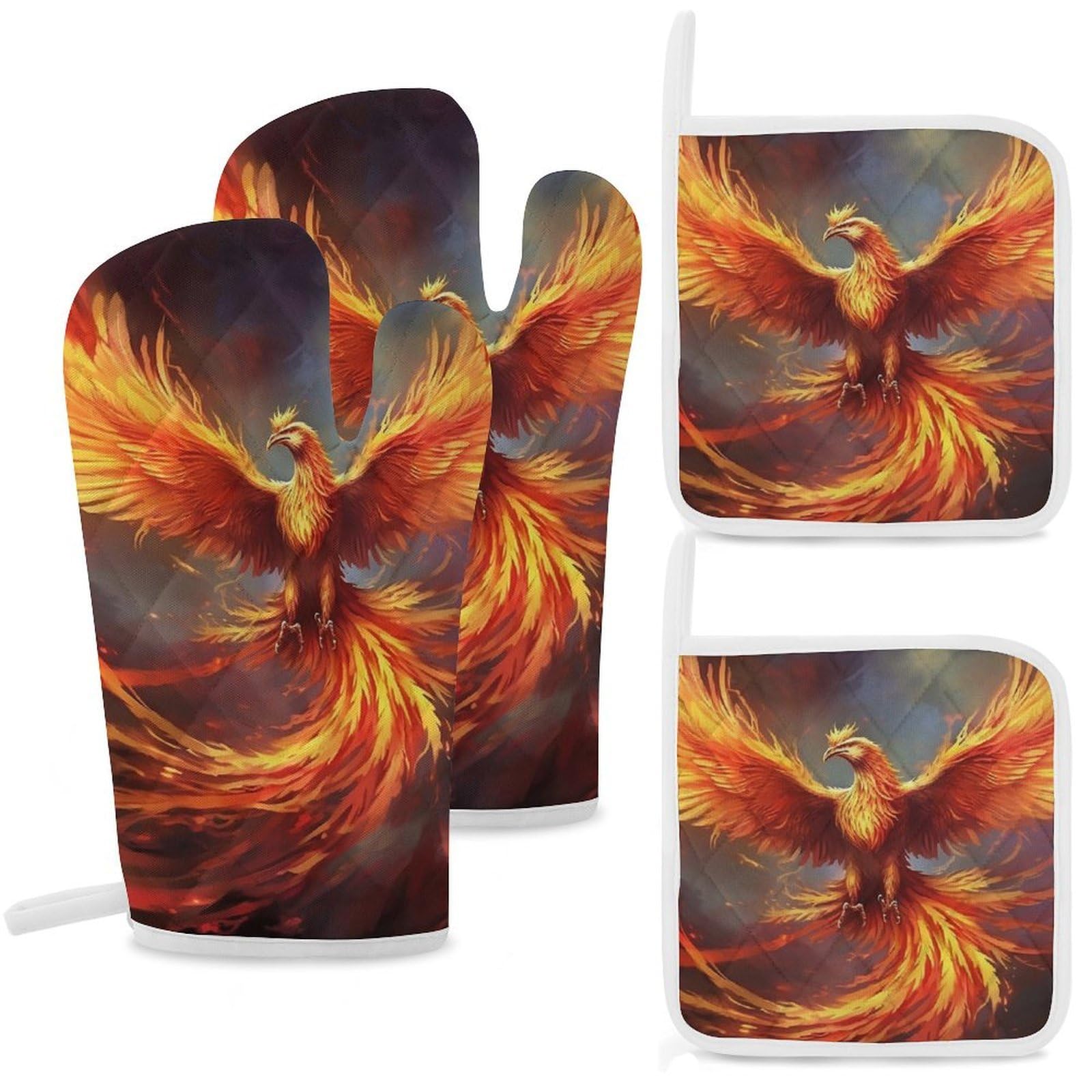 Oven Mitts and Pot Holders Set of 4 Heat Resistant Non-Slip Kitchen Gloves Hot PadsPhoenix Mittens Gloves Non-Slip Potholders for Cooking Baking Grilling BBQ
