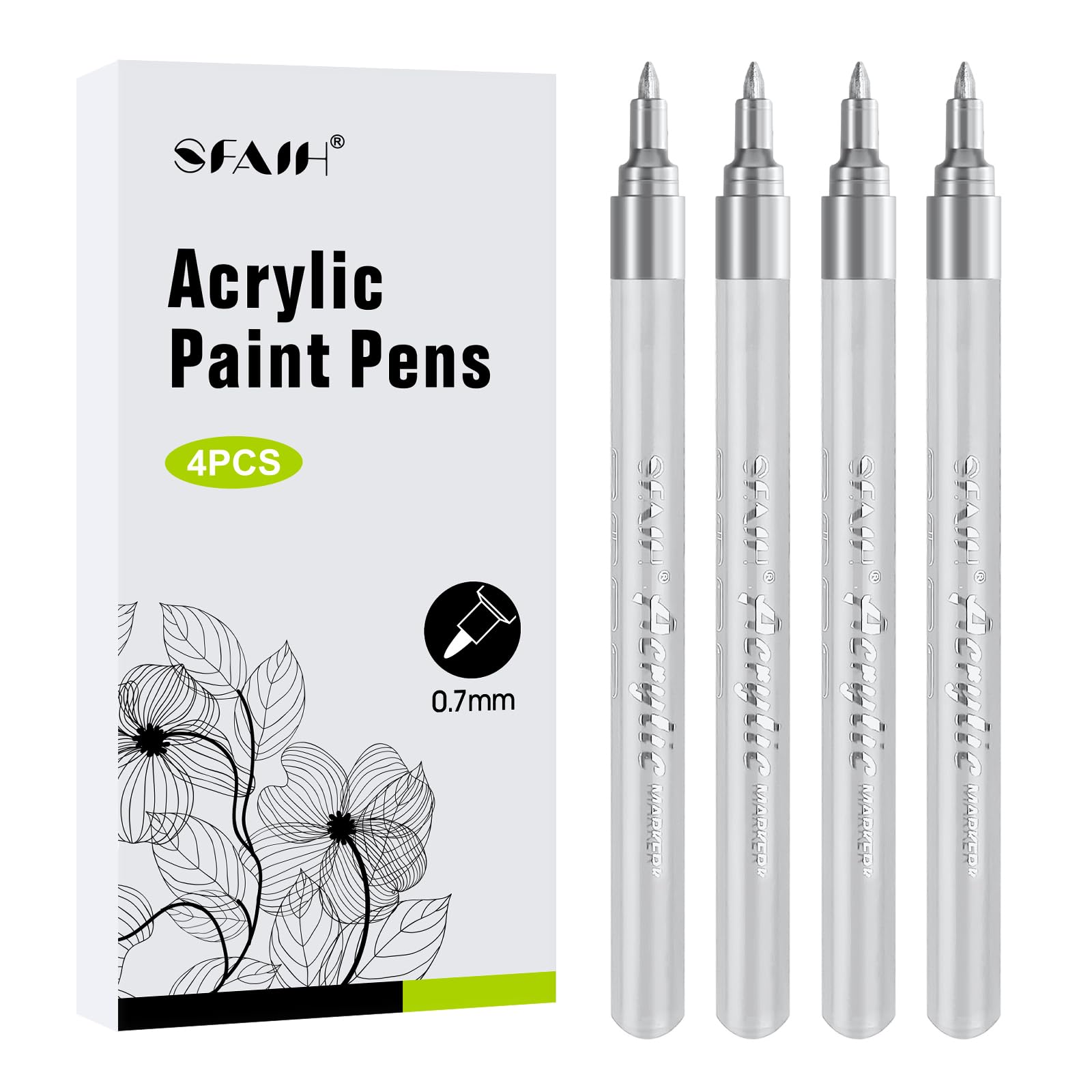SFAIH Silver Paint Markers Pens -4 Pack 0.7MM Fine Tip Acrylic Markers for Rock Painting, Wood, Metal, Fabric, Plastic, Canvas, Glass, Ceramic, Diy