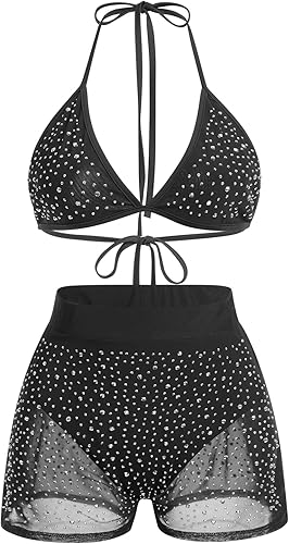 Conjuntos de traje de baño de malla con diamantes de imitación brillantes para mujer, bikini halter con sujetador, parte superior con cintura alta,