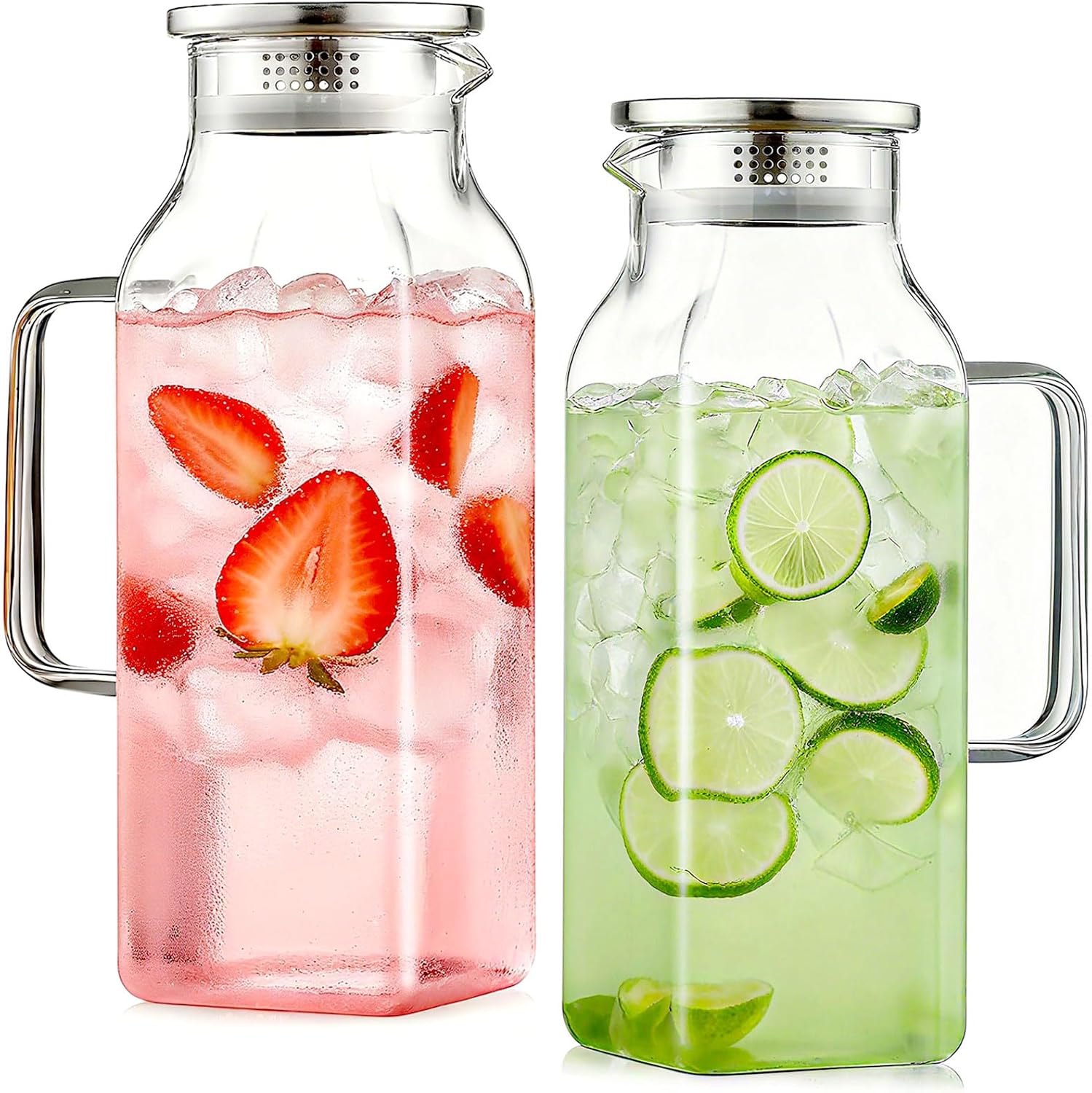 2 Pack 2 Liters/68 oz Square Glass Pitchers With Handle and Lid, Borosilicate Heat Resistant Water Jug, Modern Carafe for Hot Tea, Cold Brew and Milk, Unique Mother's Day Anniversary or Birthday Gift