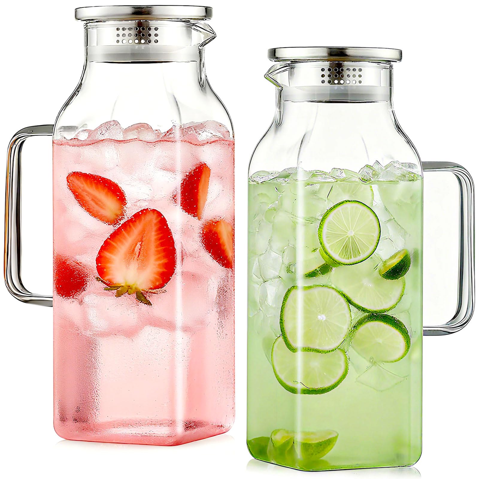 Photo 1 of 2 Pack 2 Liters/68 oz Square Glass Pitchers With Handle and Lid, Borosilicate Heat Resistant Water Jug, Modern Carafe for Hot Tea, Cold Brew and Milk, Unique Mother's Day Anniversary or Birthday Gift