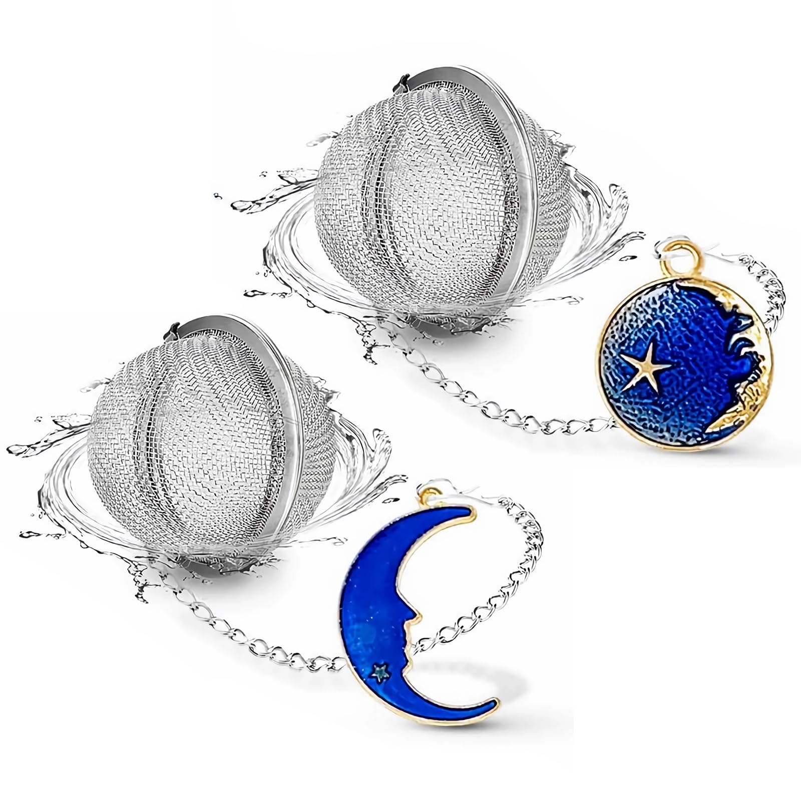 PUSCOBSY Enamel Moon Star Tea Infuser Set, 2 Pcs Loose Leaf Tea Ball Mesh, Gold Plated Celestial Charm Pendant, Stainless Steel, Silver