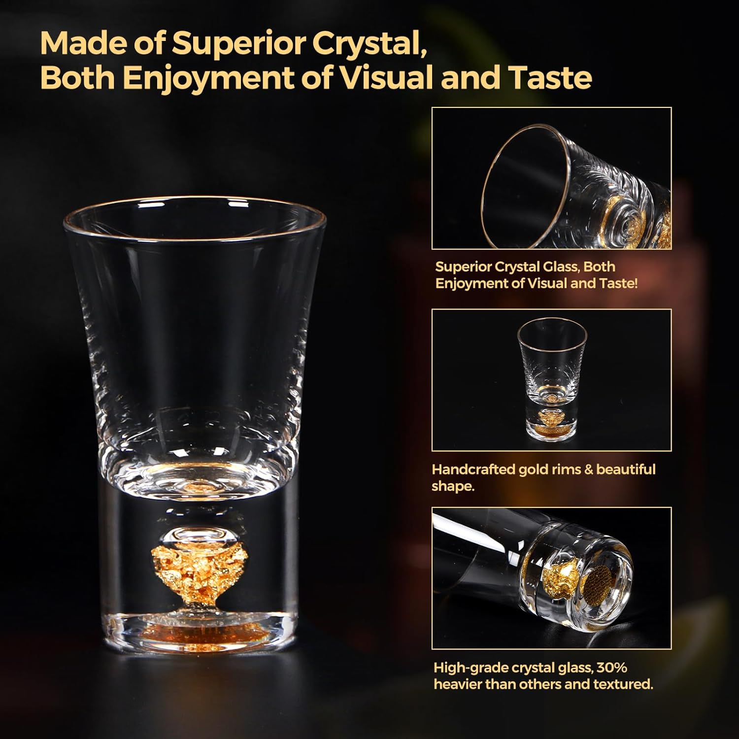 mwater Luxury Version Handmade Crystal 24K Gold Rimmed Shot Glasses,No Bubbles