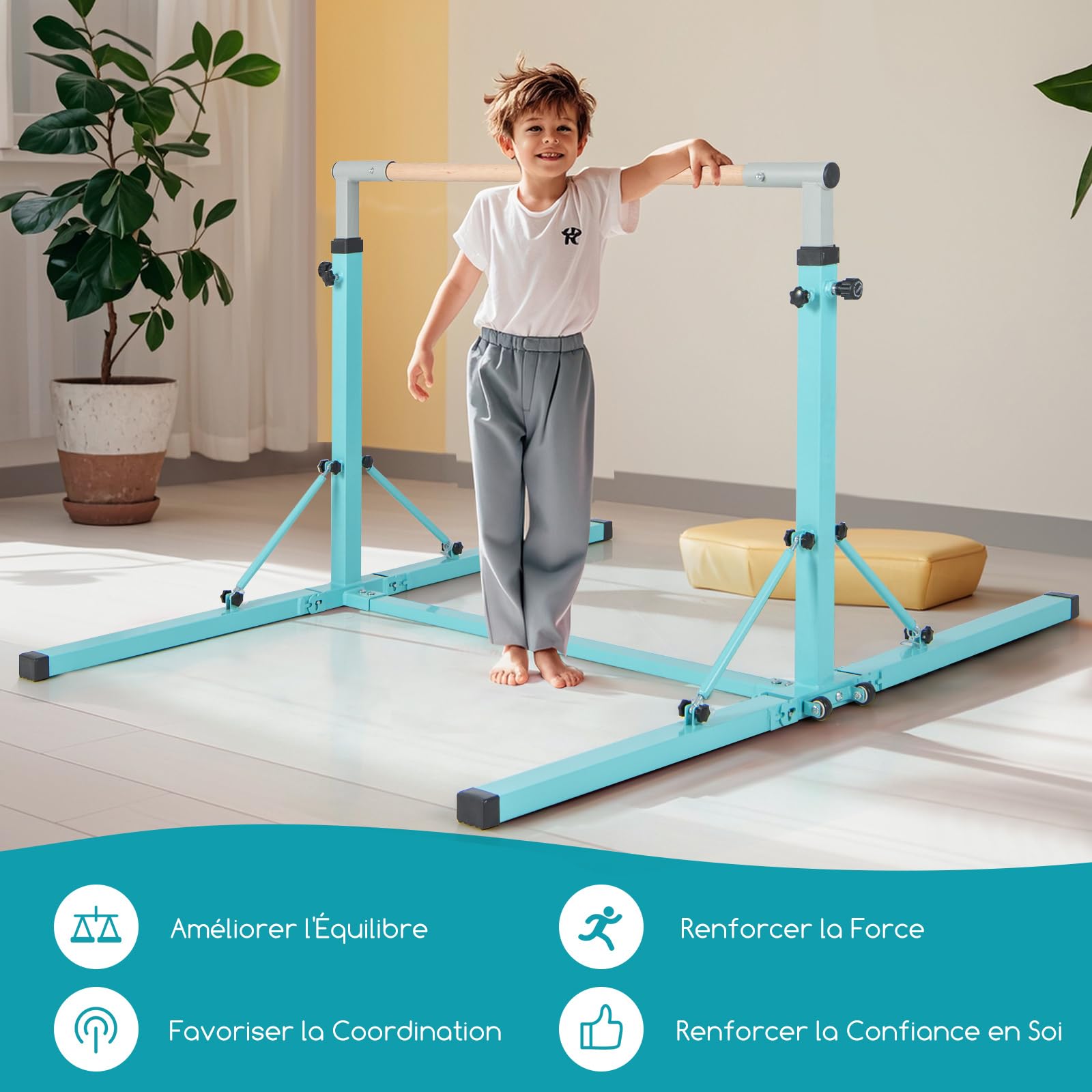 GOPLUS Barra de entrenamiento de gimnasia de acero, anchura/altura ajustable, carga 100-120kg, barra de gimnasia para niños de 6 a 12 años, ideal para gimnasio, hogar