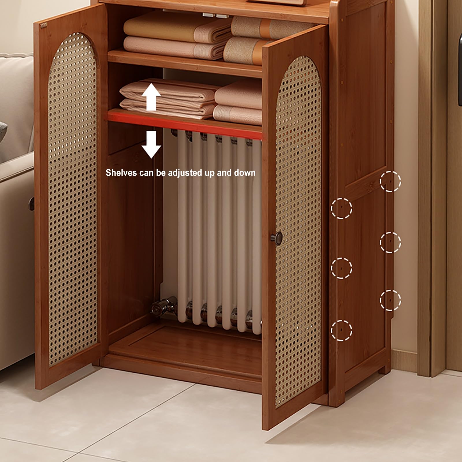 Moderna cubierta de radiador de madera con puerta, elegante cubierta de calentador y estante de almacenamiento de enrutador WiFi de ratán para sala de estar y dormitorio, decoración ideal para el