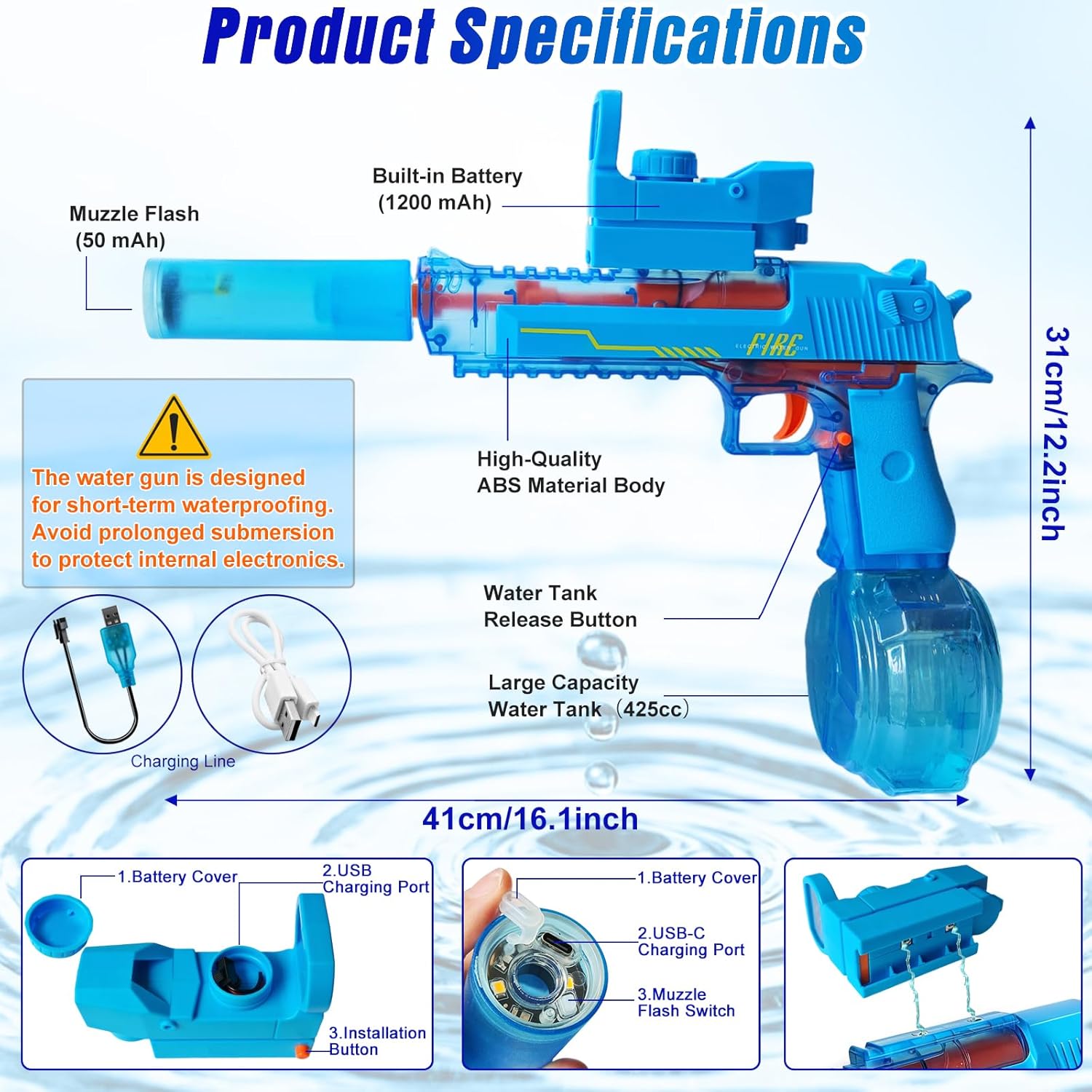 Super Electric Water Gun, Powerful 425CC High Capacity Automatic Squirt Guns Up to 32 FT Range for Swimming Pool Party Beach Outdoor Activity