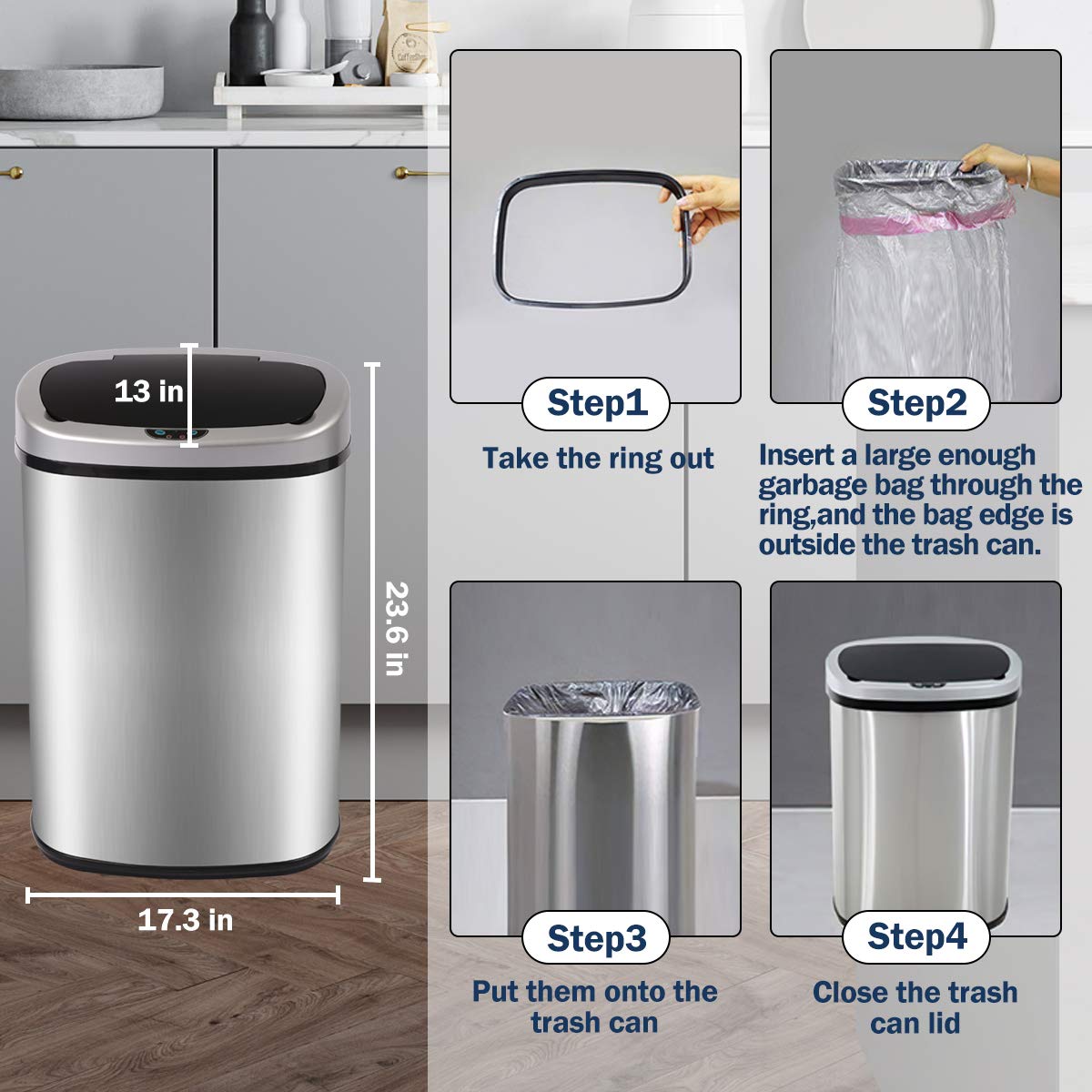 HHS 13 Gallon 50 Liter Stainless Steel Trash Can with Motion Sensor, Anti-Fingerprint Mute Design, and Automatic Closure for Office, Bedroom
