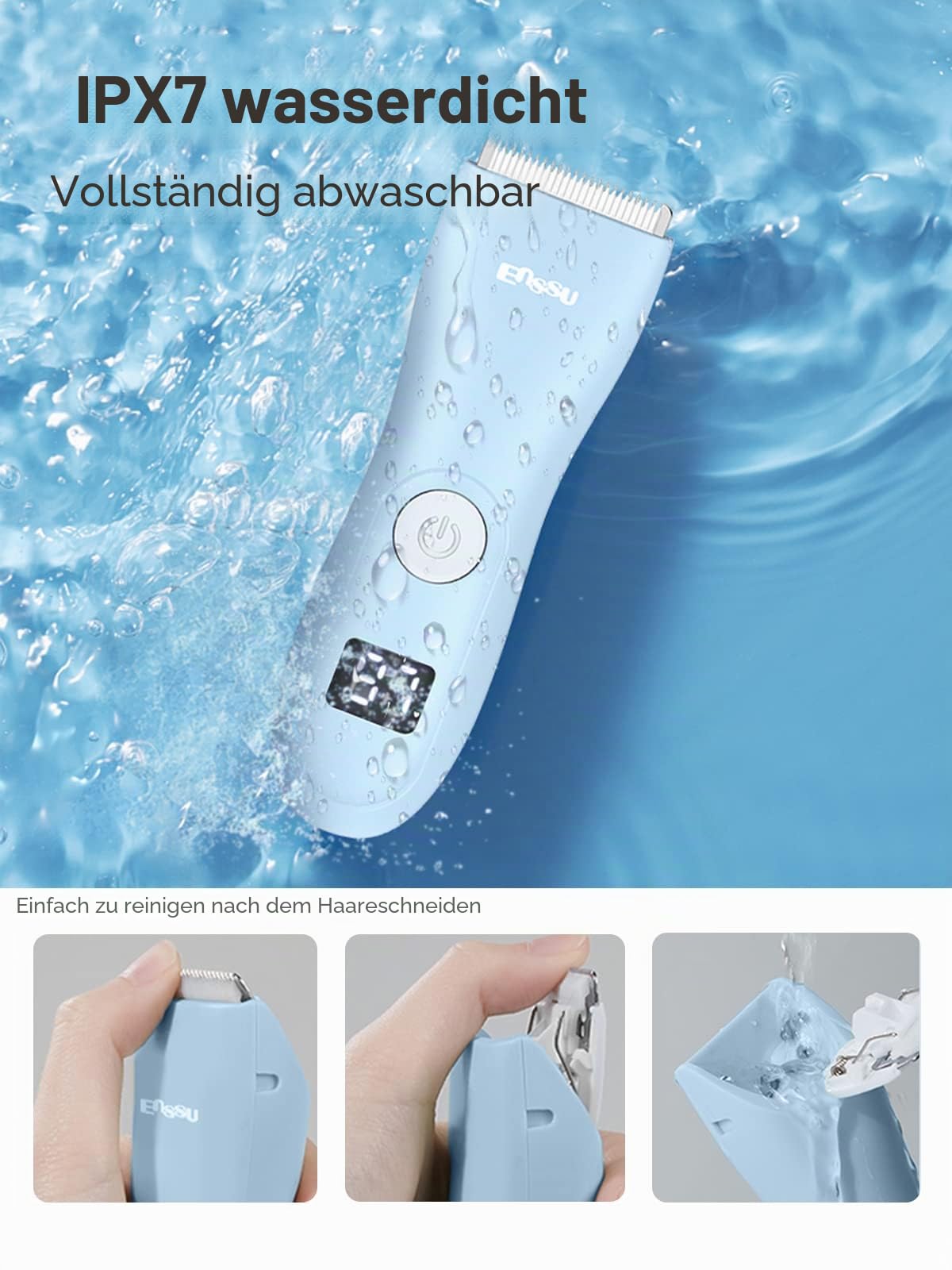 Baby-Haarschneidemaschine, geräuscharmer Haarschneider für Kinder, wasserdicht, wiederaufladbar, kabellos, mit LCD-Display, Blau