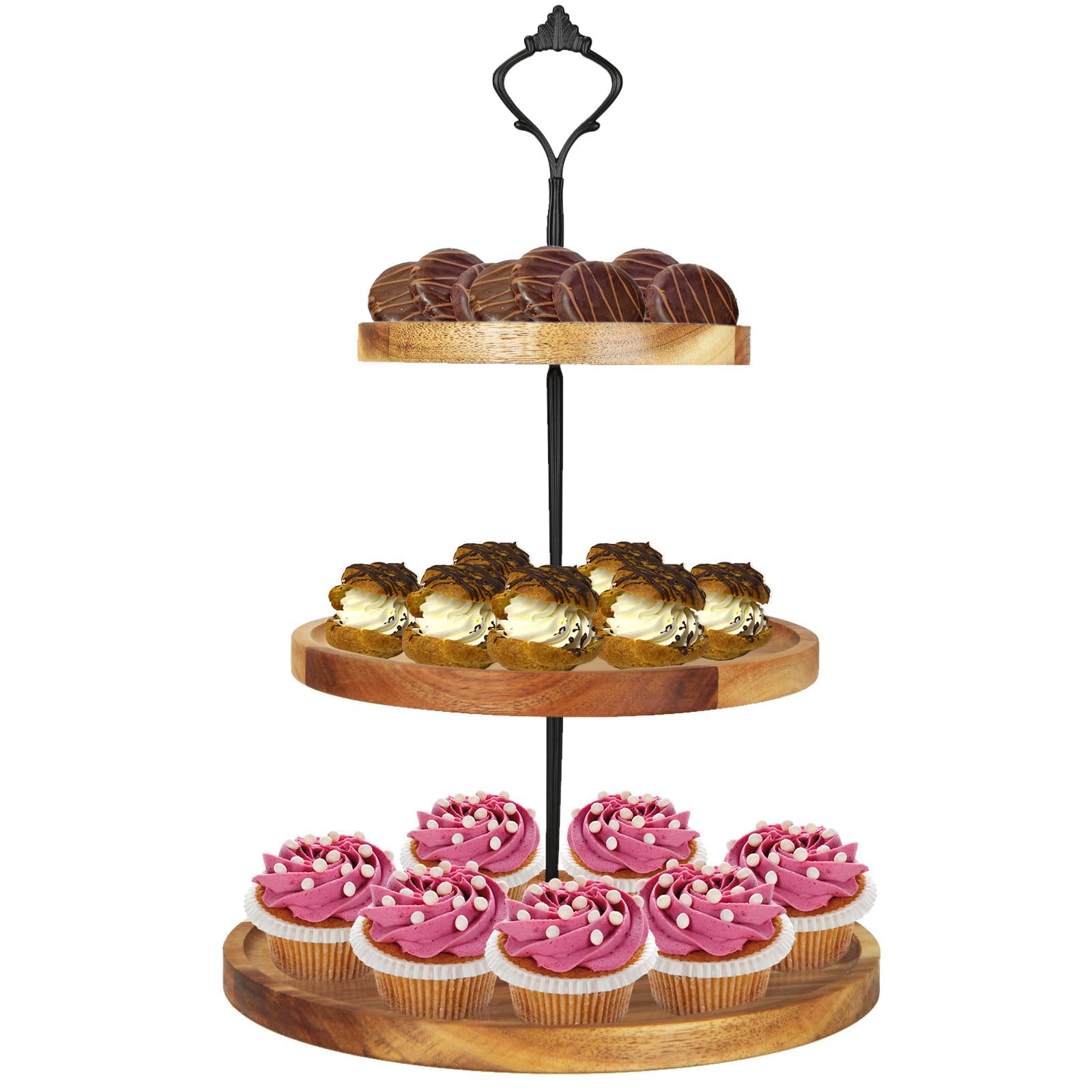 Oungy 3 Tier Wooden Cupcake Stand Tiered Serving Tray Cupcake Tower Wood Dessert Tray for Farmhouse Wedding Birthday Tea Party Kitchen Decor