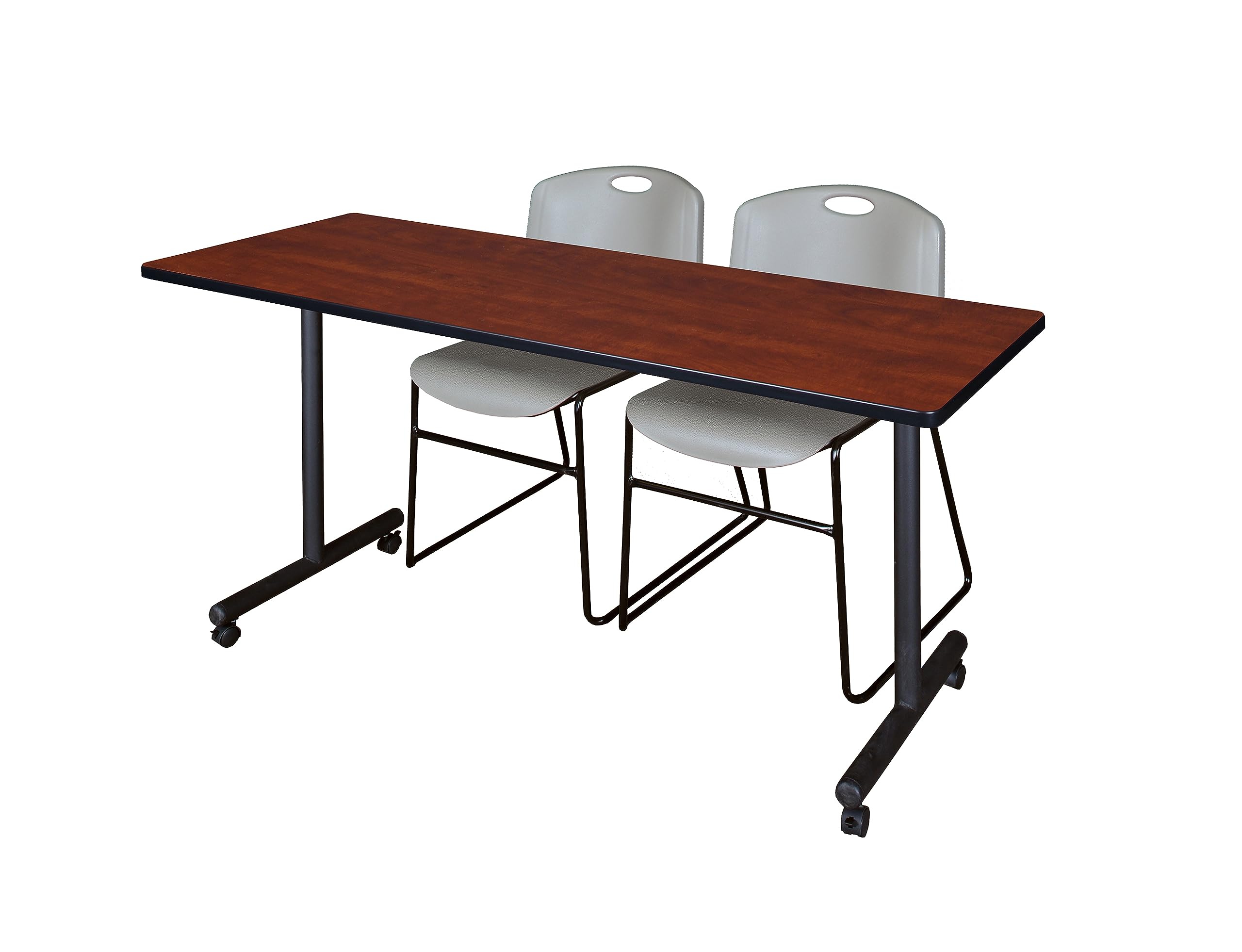 Regency Kobe 66 x 24 in. Mobile T-Base Training Table- Cherry, 2 Zeng Stack Chairs- Grey