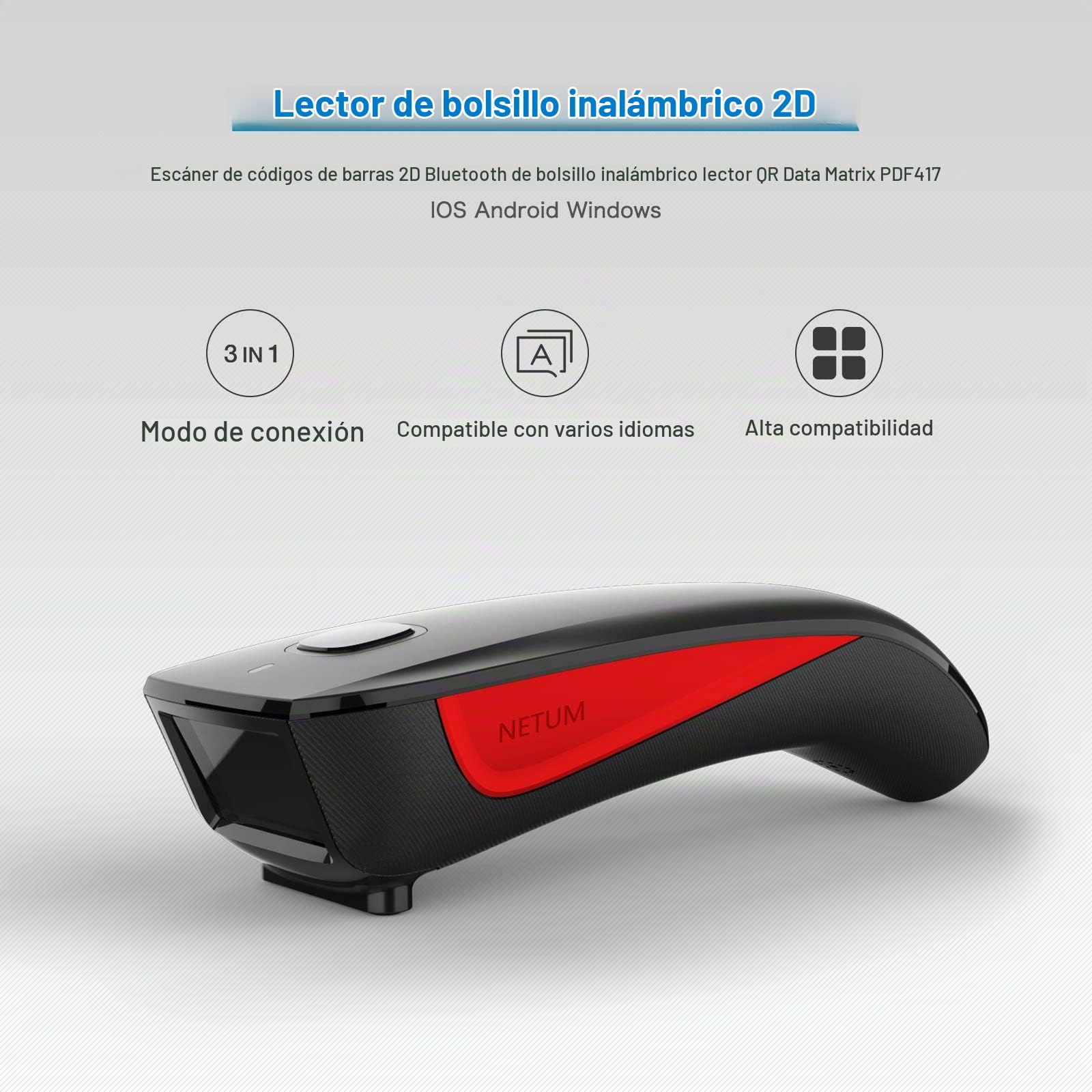 NETUM C990 Bluetooth 2D QR Barcode Scanner Inalámbrico Compatible, Pequeño Bolsillo USB 1D 2D QR Code Scanner para inventario, Barcode Scanner para Tablet iPhone iPad Android iOS PC POS