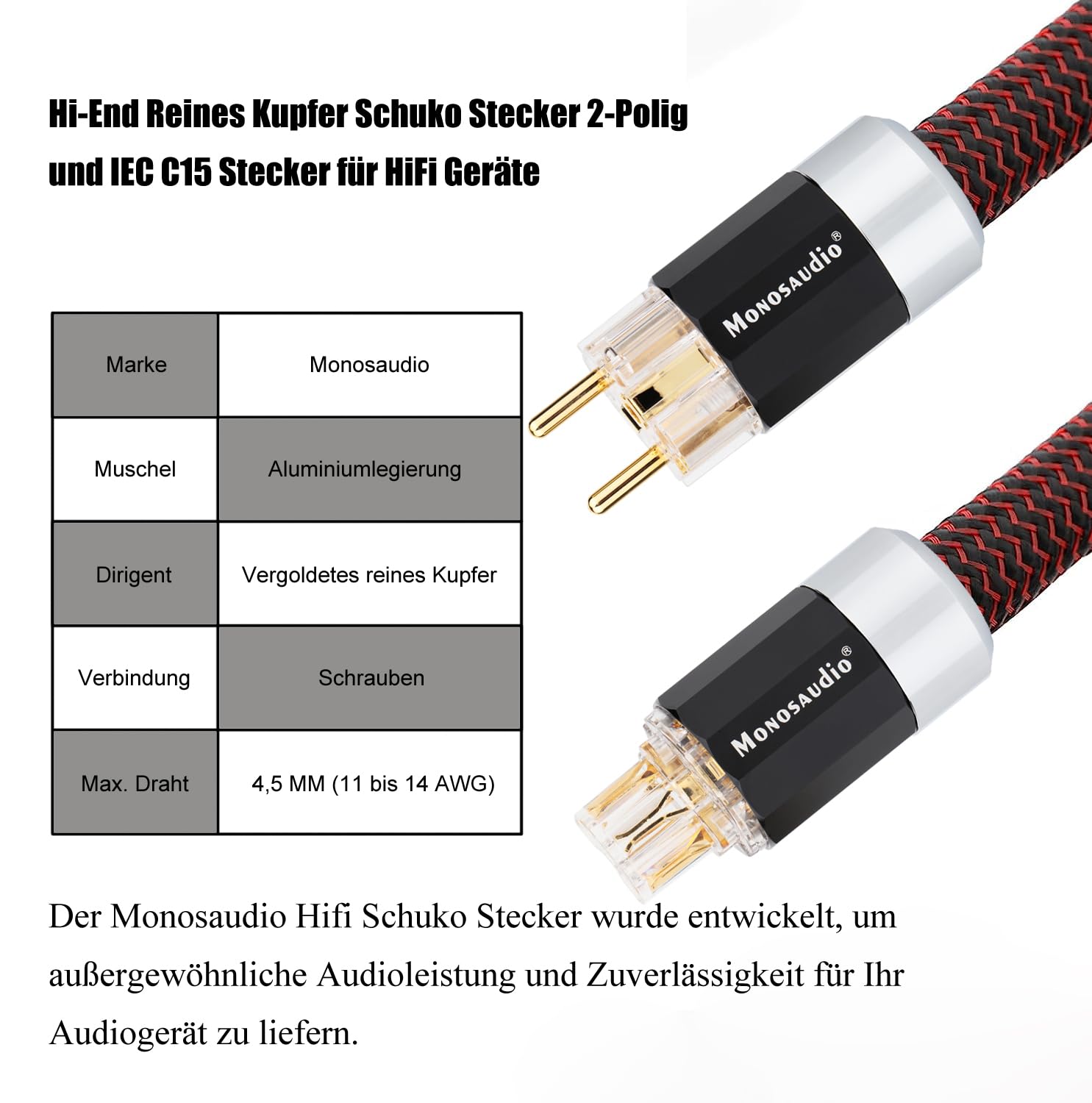 Monosaudio Par de conectores Schuko HiFi y conector IEC C15 de gama alta, conector hembra de 16 A, 250 V, conector de audio chapado en oro E109G/F109G
