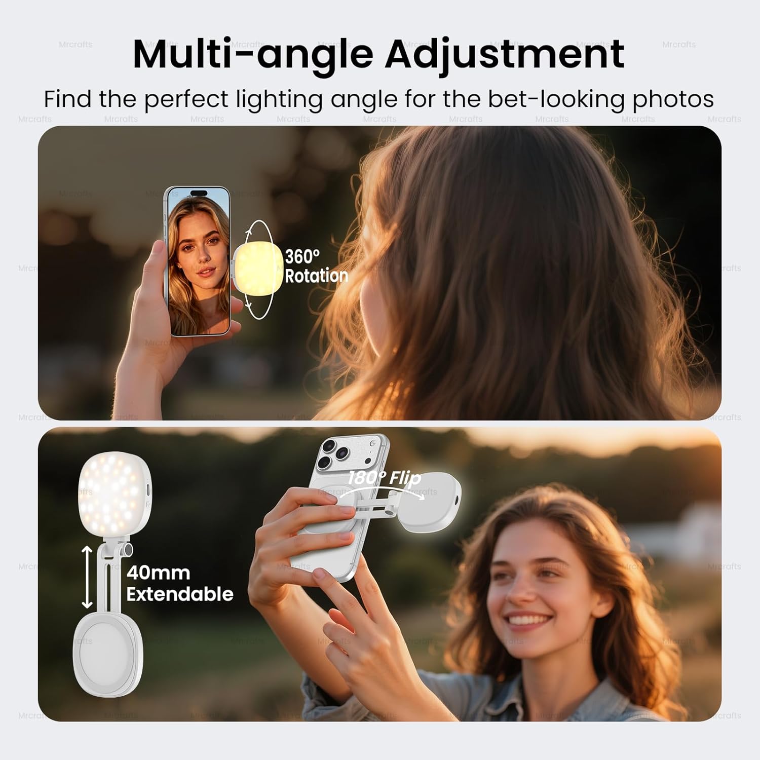 MrCrafts Magnetic Selfie Light for Mobile Phones with Mirror, 3 Modes Portable Light, Rechargeable Light with Magnetic Ring, Suitable for Photography/TikTok/Zoom Calls/Video Conferencing
