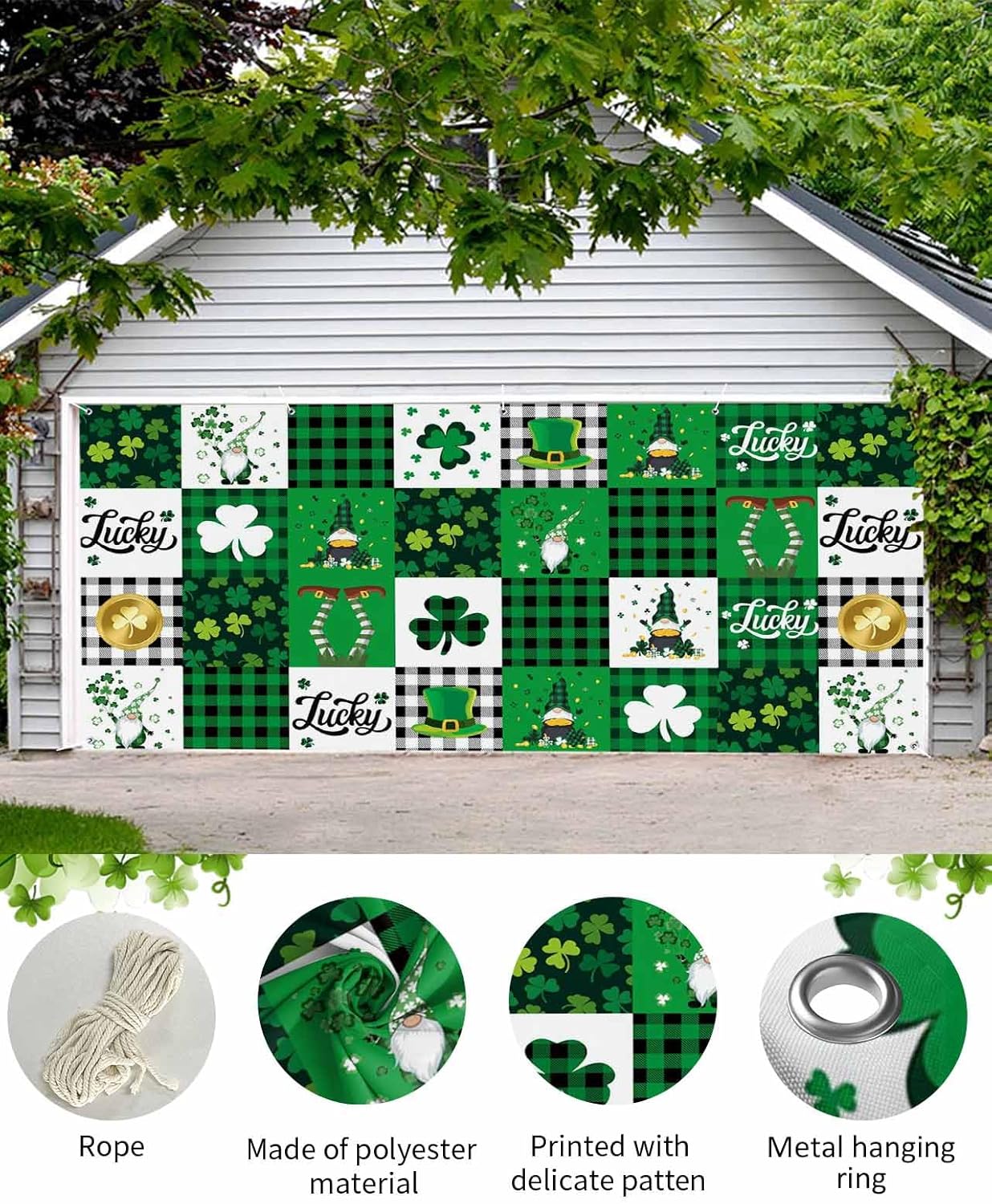 St. Patrick's Day Garage Door Banner Cover 7 x 8 ft, Green Lucky Shamrocks Gnome Hat Coin Green Plaid Garage Door Decorations Holiday Backdrop Decor for St. Patrick's Day Party
