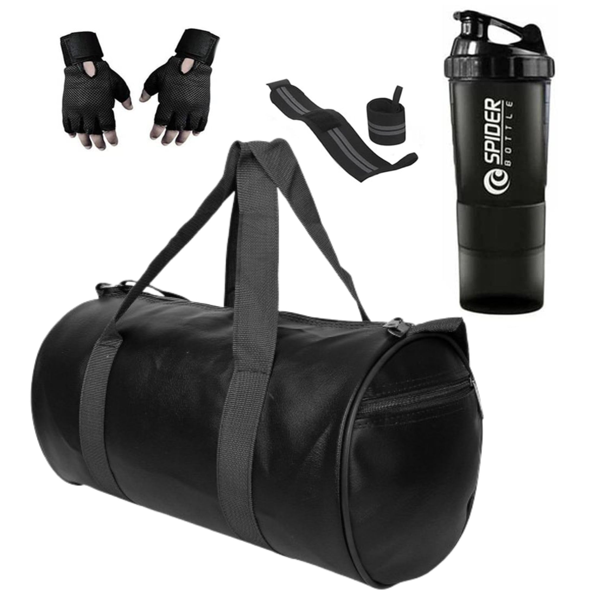 Gym Bag Combo for Men and Women - Bag with Shoe Compartment, Bottle, Wristband, Gloves - Fitness Kit (Duffle Black)-image-35