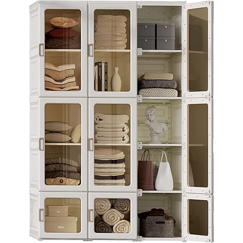ANTBOX Portable Wardrobe Closet Storage Organizer for Clothes,Transparent Door Panels,Suitable for Living Room, Bedroom,Plastic Wardrobe with Magnetic Door and Easy Assembly 15 Cubes