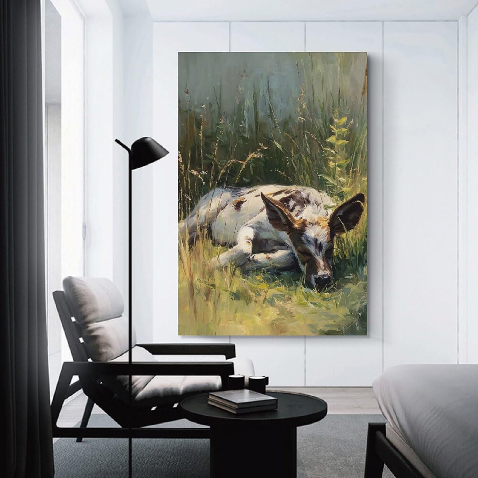 Junmoney Wall Decor Canvas Print Calf Sleeping in Tall Grass, 20x30inch(50x75cm), for Study, Office Or Apartment Decor, Canvas Artwork with Gifting Potential